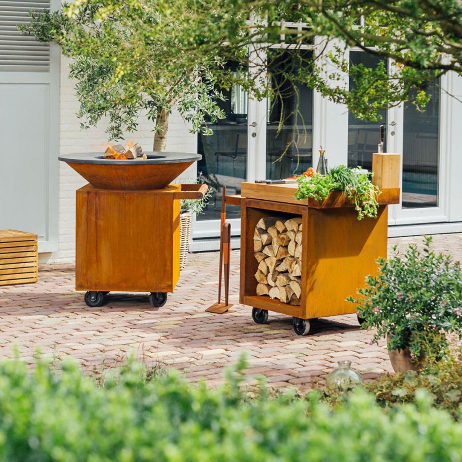 OFYR MP-65-PRO-TW Mise en Place Corten 65 PRO Teak Wood 26 Inch Food Prep Station - Back Patio - Styled w/ Flat Top Grill (Sold Separately) - Lifestyle thumbnail