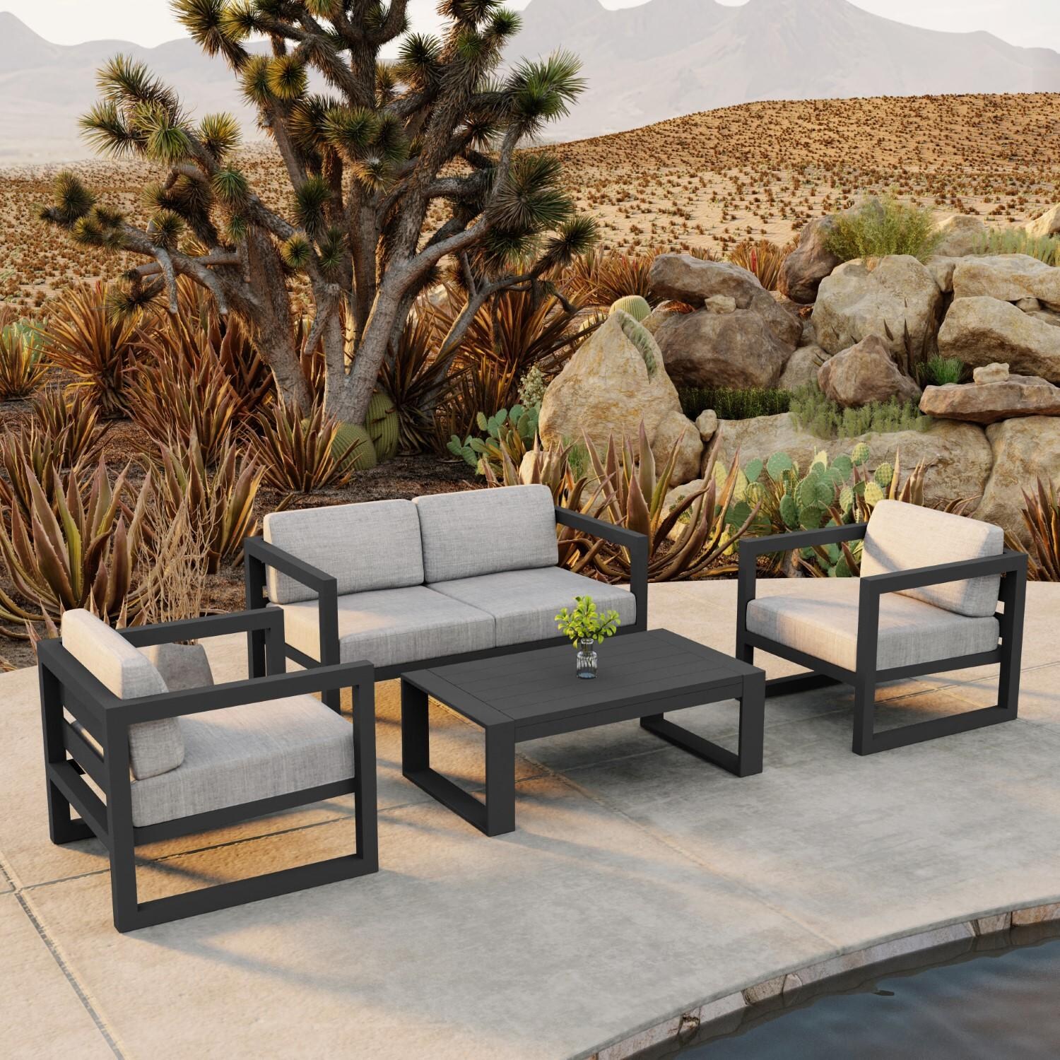 Misty Cove 4 Pc Aluminum Seating Set w/ Portal Coffee Table Slate/Cast Silver by Lakeview Outdoor Designs