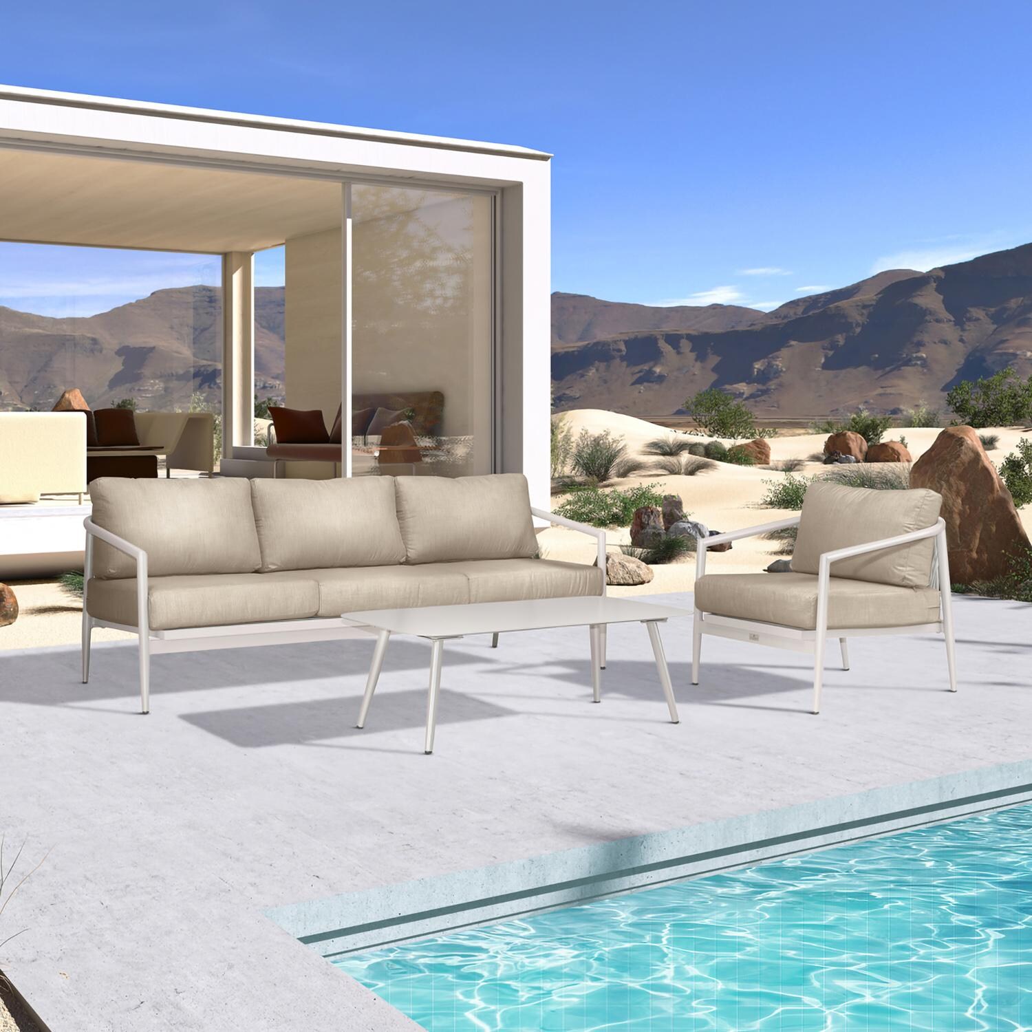 Lakeview Midnight Cove 3 Pc Aluminum Sofa Seating Set in Urban Stone/Carrera/Canvas Flax - Angled - Lifestyle thumbnail