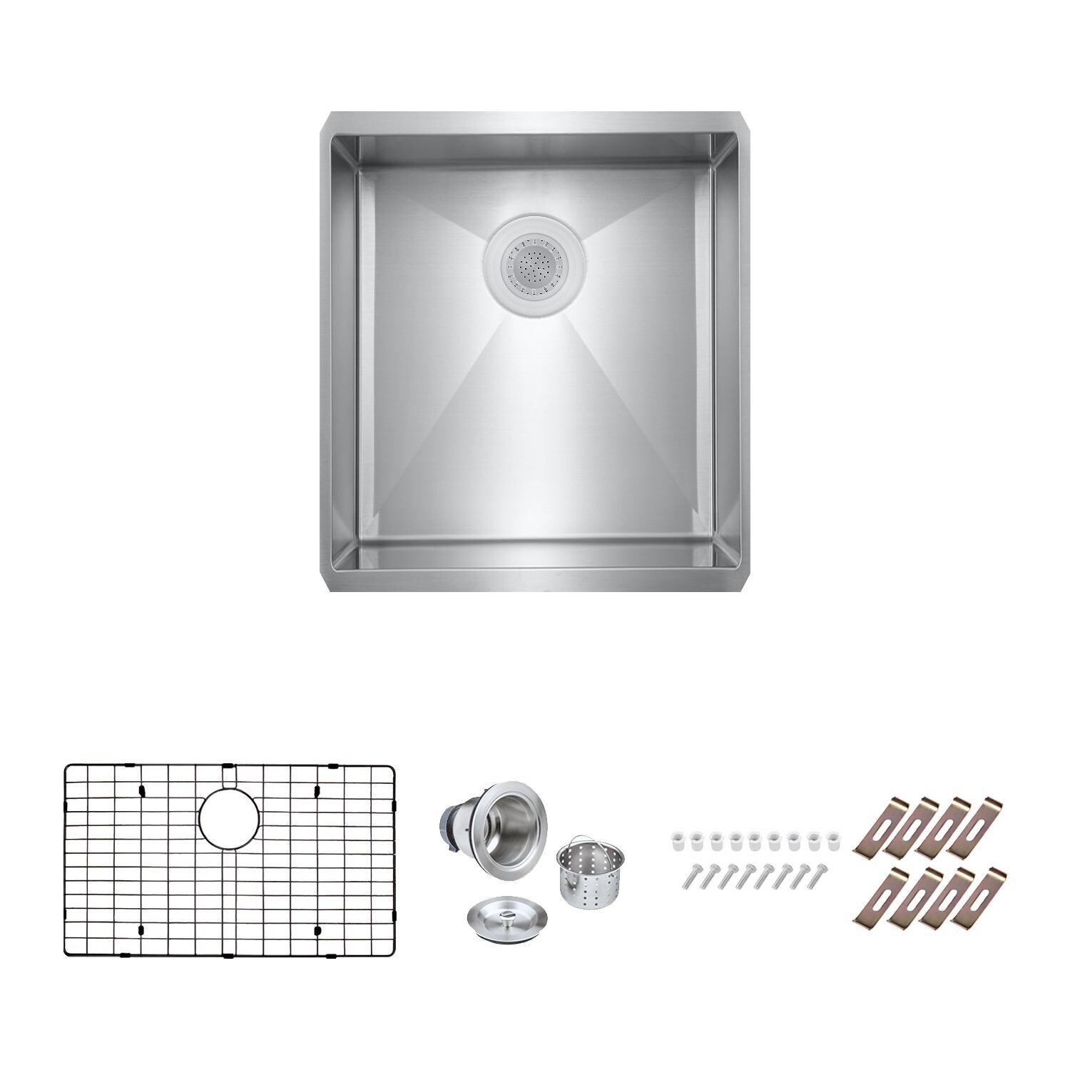 BBQGuys Signature Undermount Stainless Steel 16-Inch Single Bowl Sink W/Grid and Strainer - White Background thumbnail