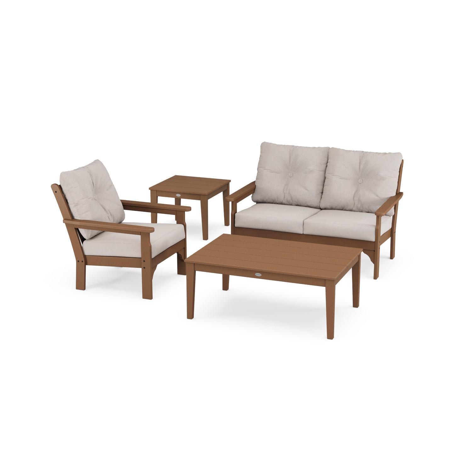POLYWOOD Vineyard 4 Pc Recycled Plastic Seating Set w/ Smaller Tables in Teak/Dune Burlap by - PWS317-2-TE145999