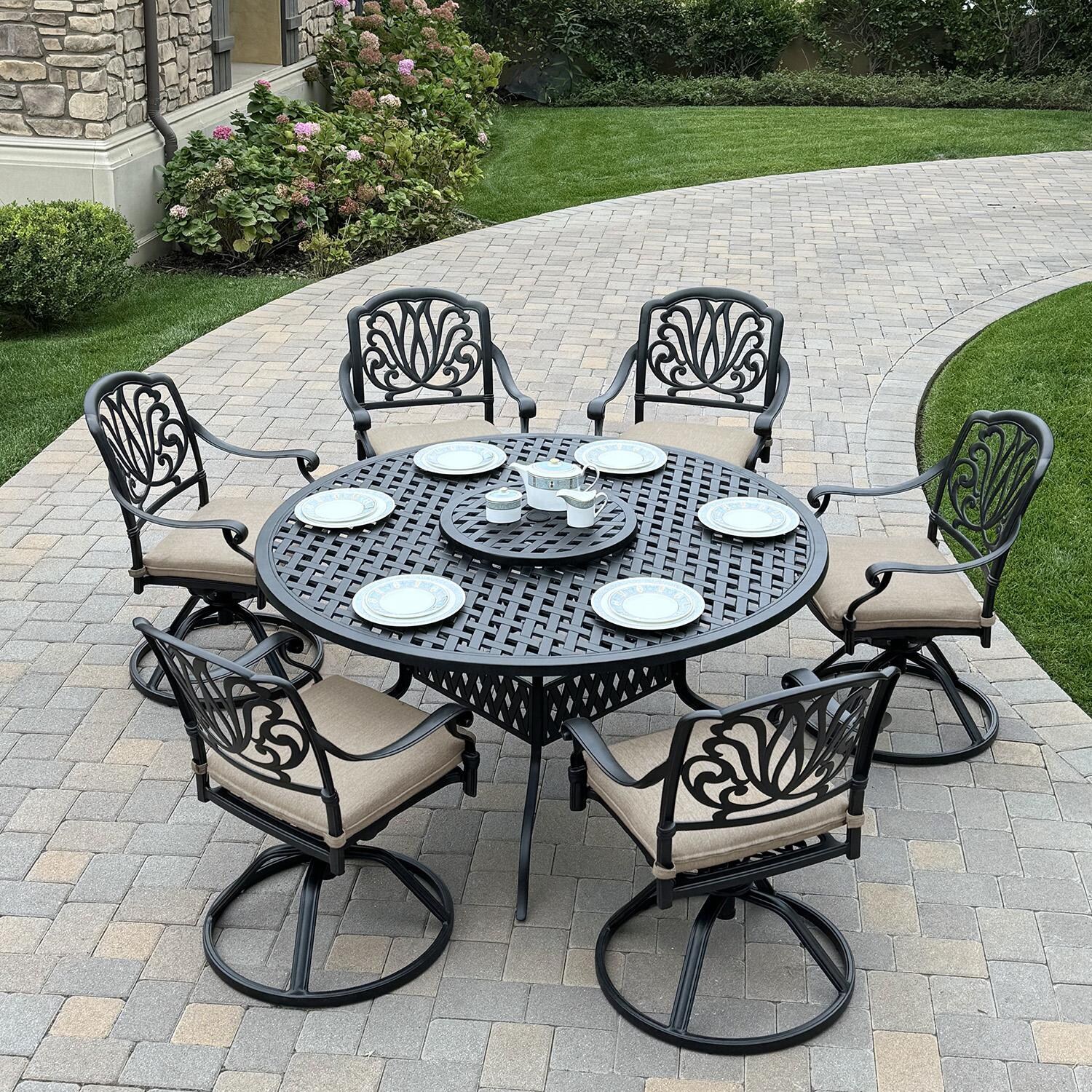 Darlee Elisabeth 8-Pc Dining Set w/ 60-Inch Series 30 Table w/ Lazy Susan & Swivel Rockers in Antique Bronze/Beige - Full Set - Lifestyle thumbnail
