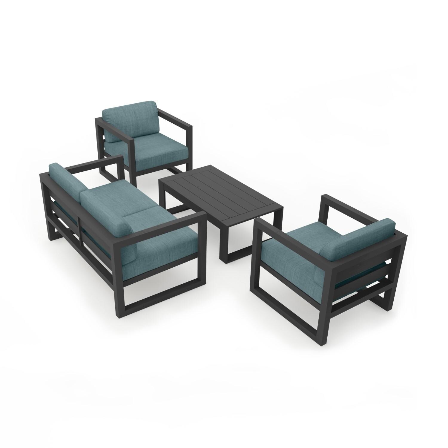 Misty Cove 4 Pc Aluminum Loveseat Set in Slate W/ Cast Lagoon Cushions & Portal Coffee Table By Lakeview - Back - White Background thumbnail