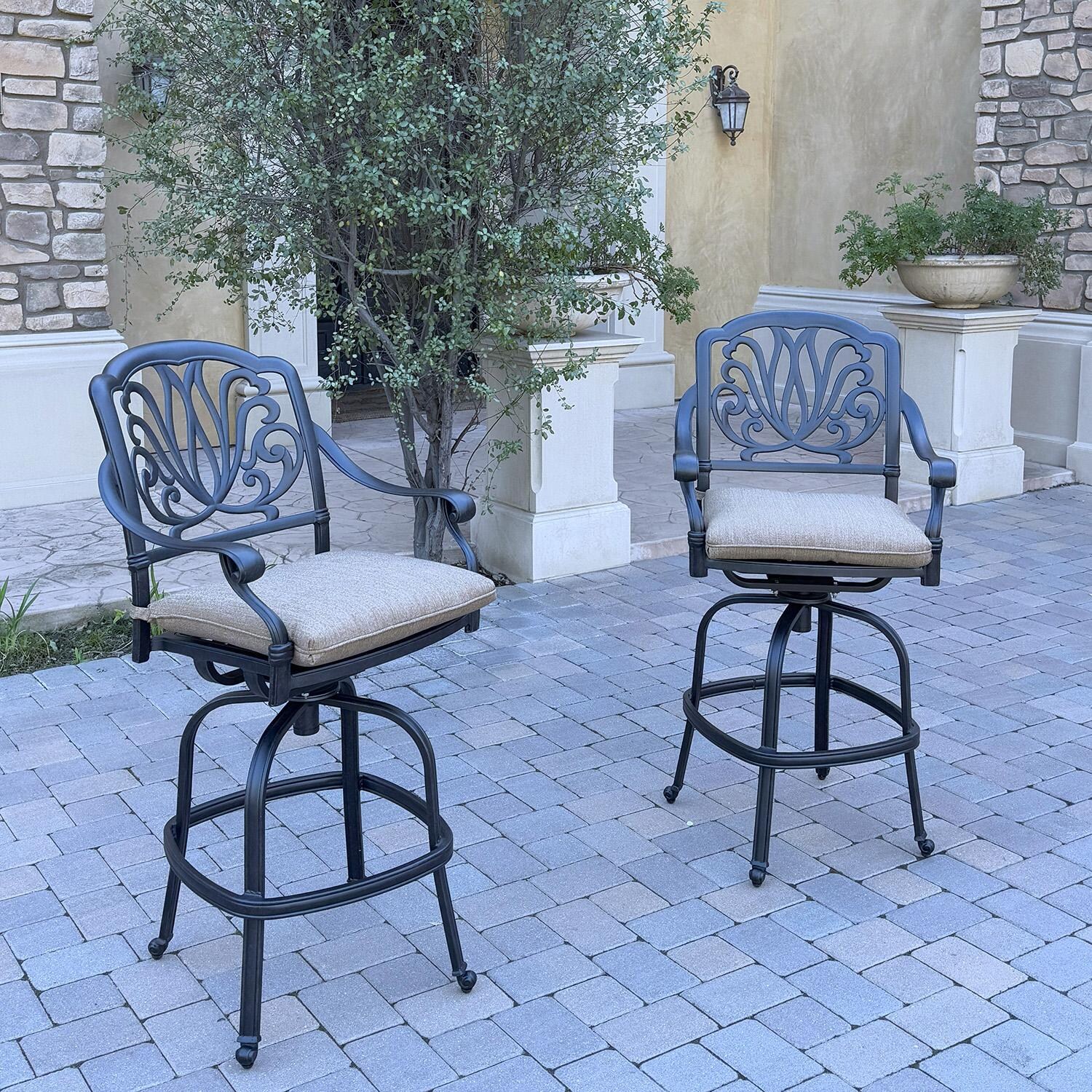 Darlee Elisabeth 2 Pc Cast Aluminum Bar Height Bar Stool Set in Antique Bronze/Beige - Pair - Lifestyle thumbnail