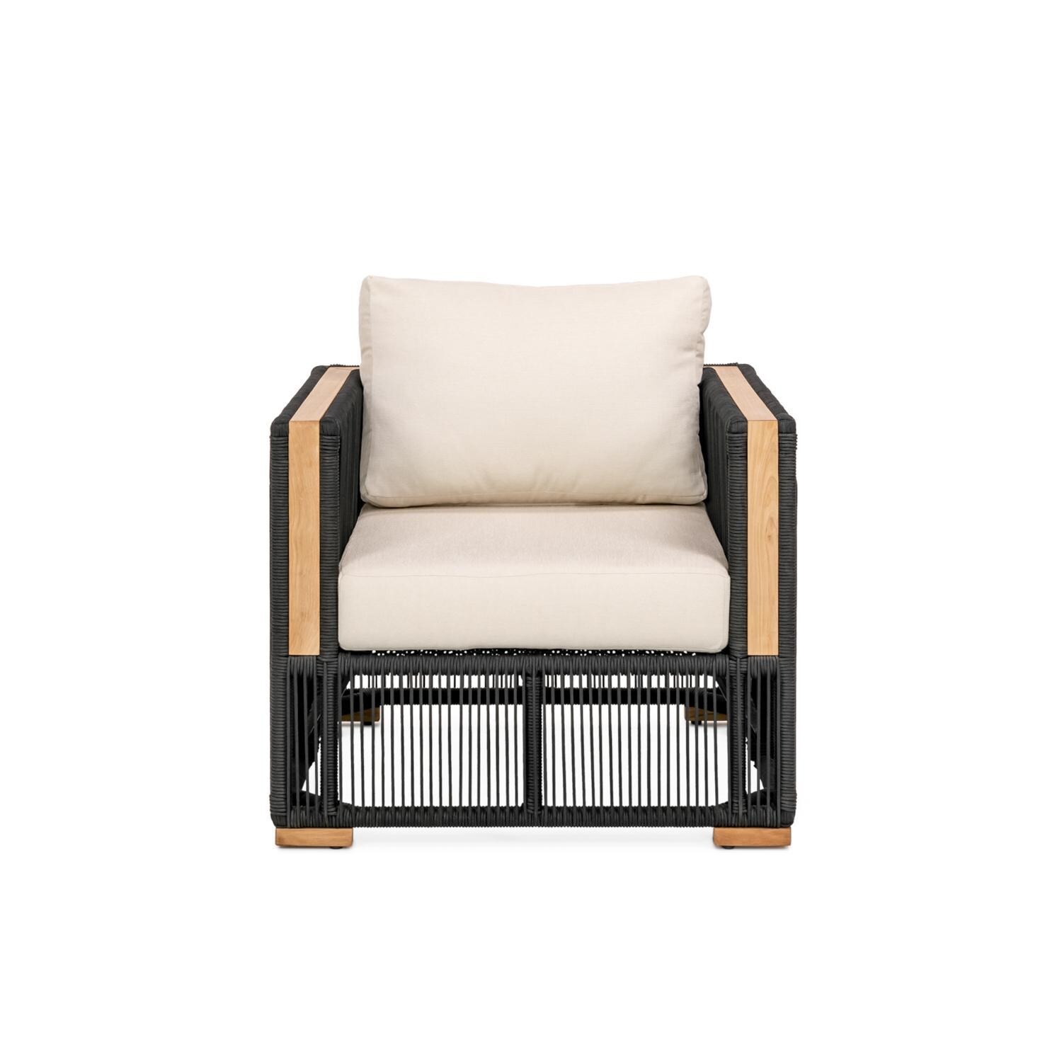 Breeze Olefin Rope & Teak Patio Club Chair in Charcoal/Sand By Teak + Table