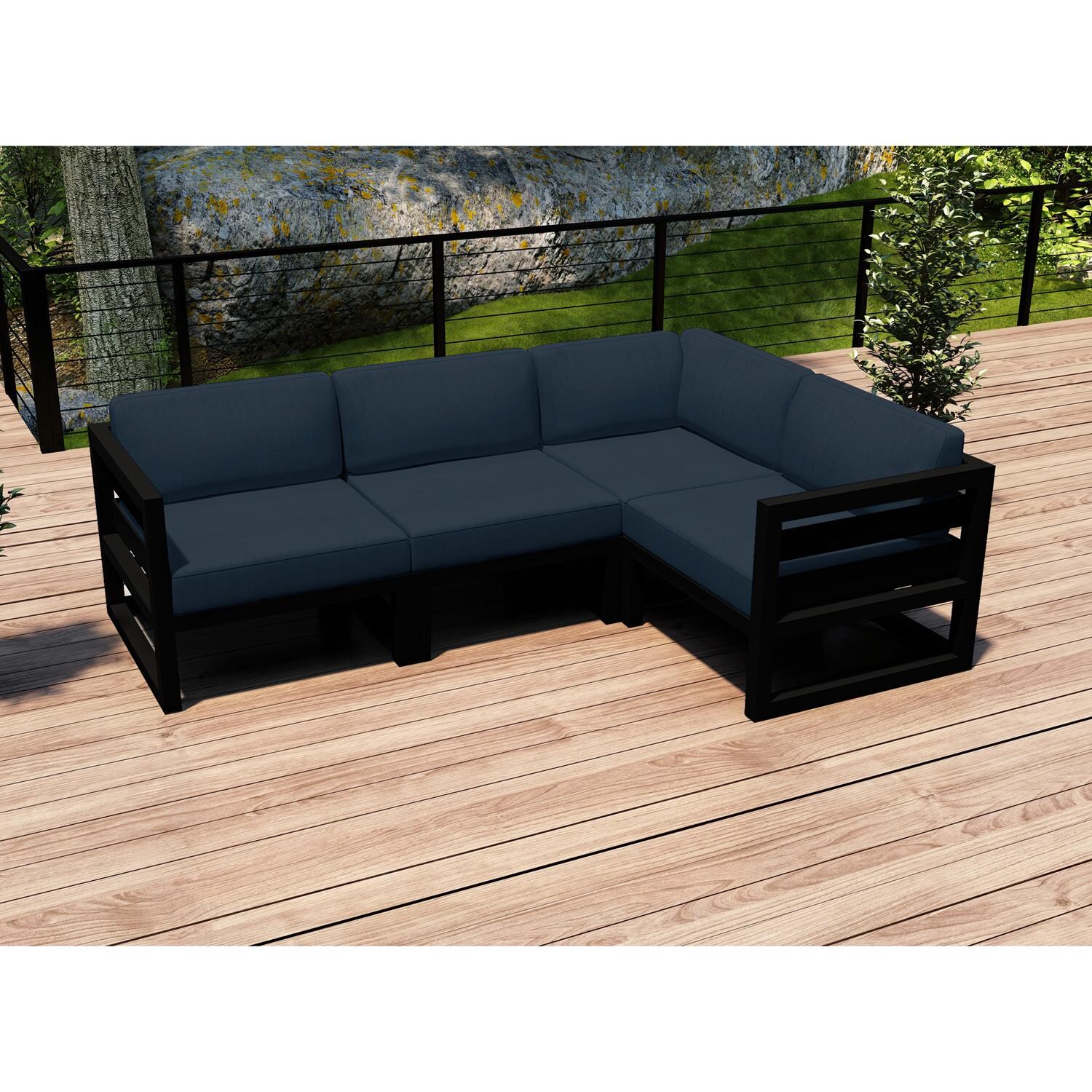 Lakeview MSTYCV-BK-4SEC-IN Misty Cove 4 Pc Aluminum Sectional Set in Black w/Spectrum Indigo Cushions by Lakeview Outdoor Designs - Set on Deck - Lifestyle thumbnail