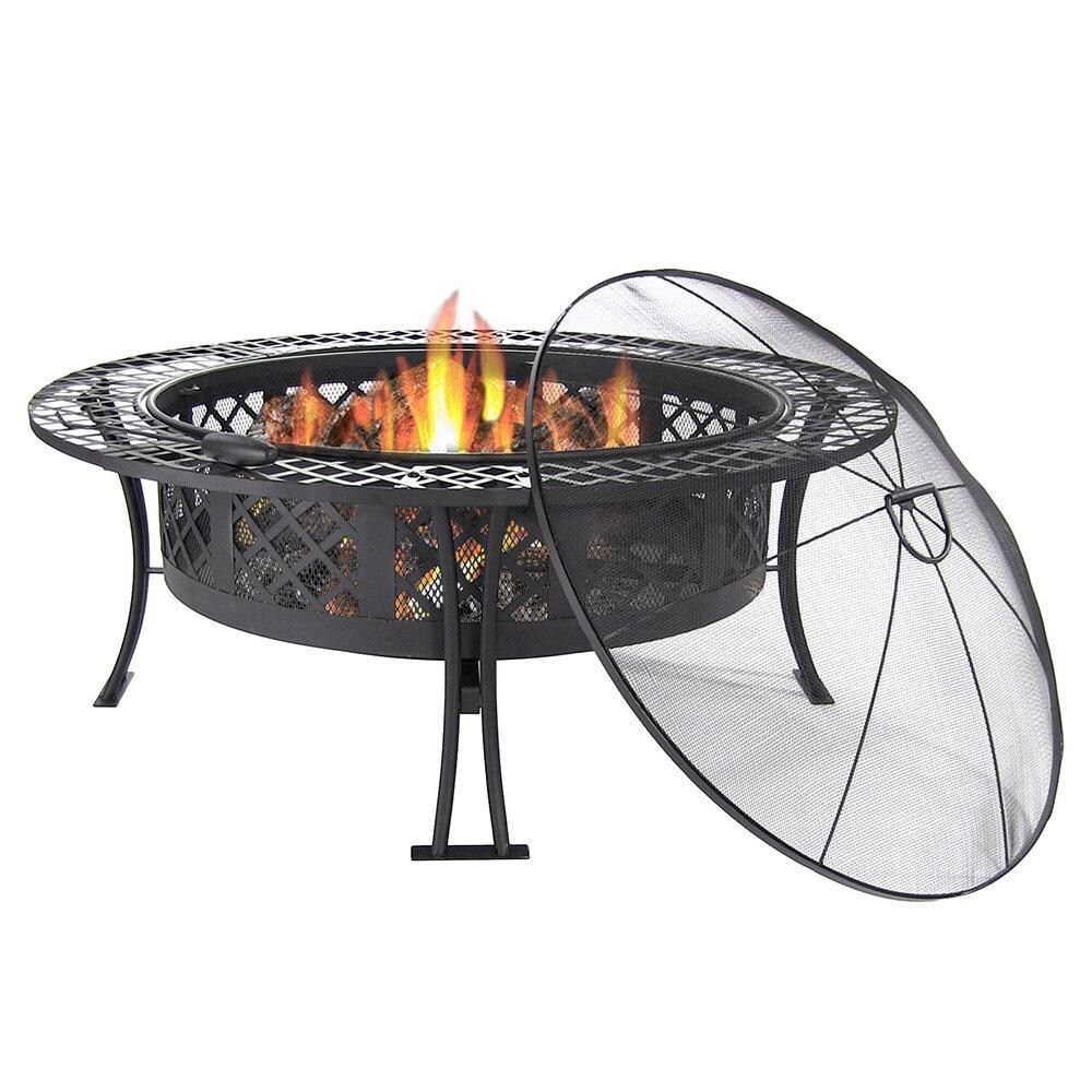 Ultimate Patio 40-Inch Steel Diamond Weave Wood Burning Fire Pit - In Use thumbnail