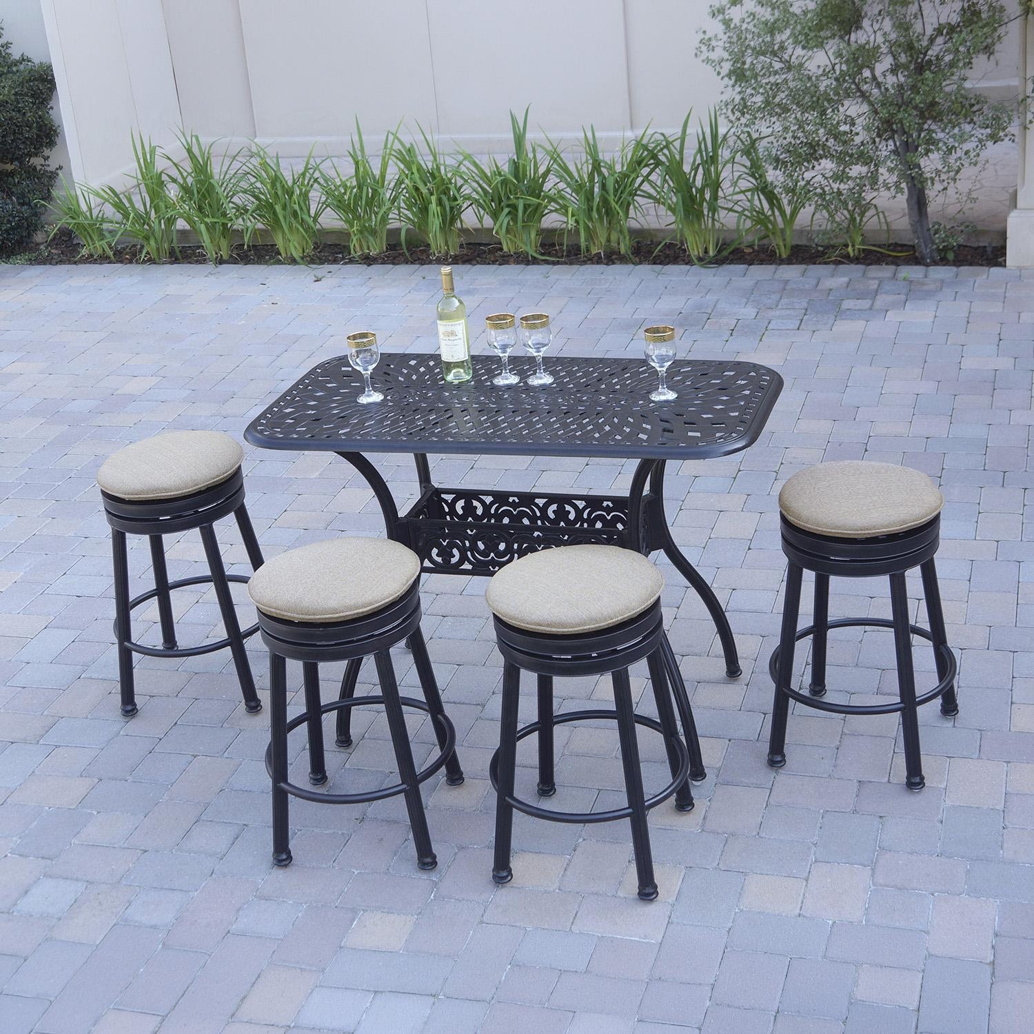 Classic 5 Pc Cast Aluminum Counter Height Bar Set w/ 52 X 26 Inch Series 60 Table & Swivel Bar Stools in Antique Bronze/Beige Canvas by Darlee