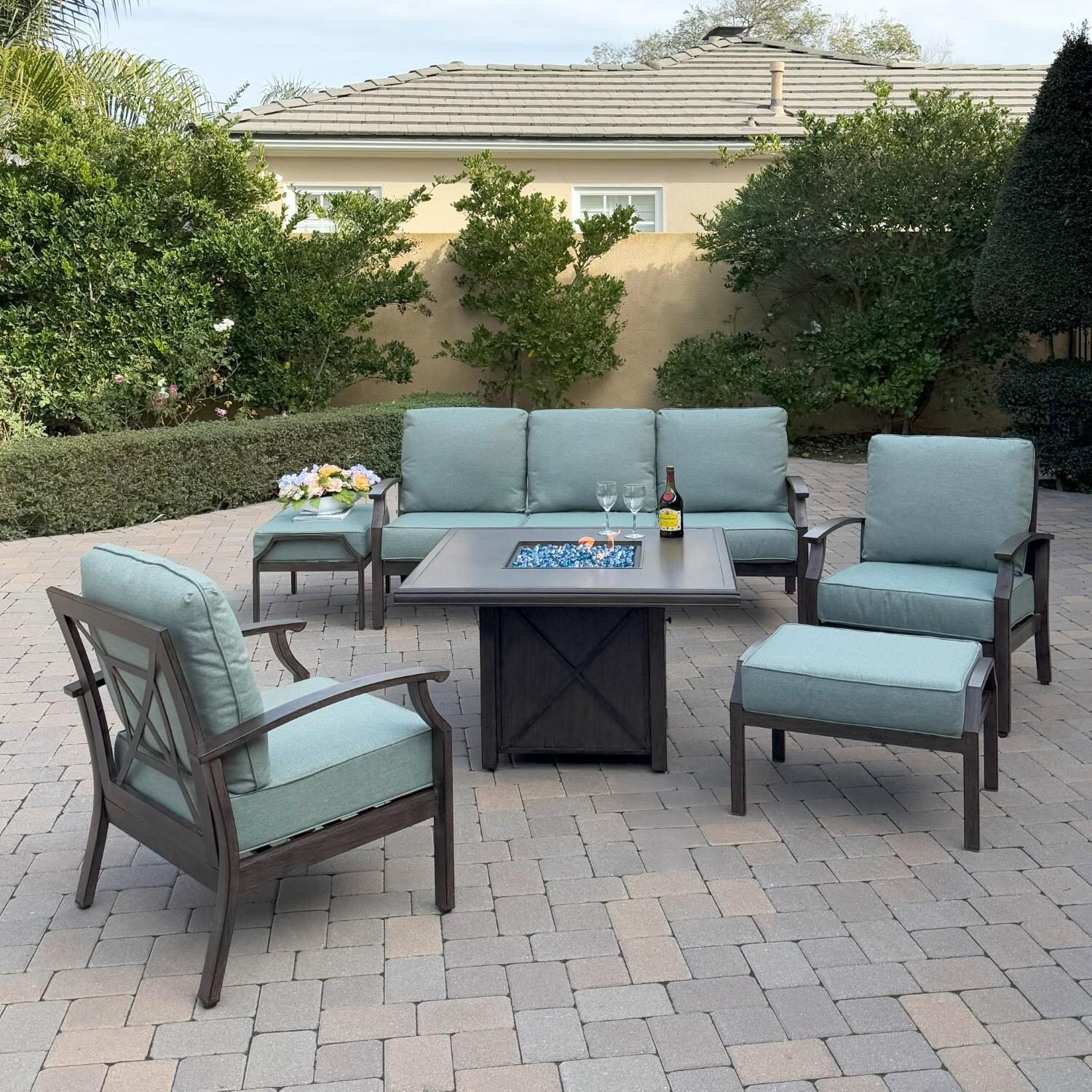 Atlantis 6 Pc Aluminum Fire Pit Seating Set w/ 2 Club Chairs, 2 Ottomans & Sofa in Walnut/Spa by Darlee - Hero - Lifestyle thumbnail