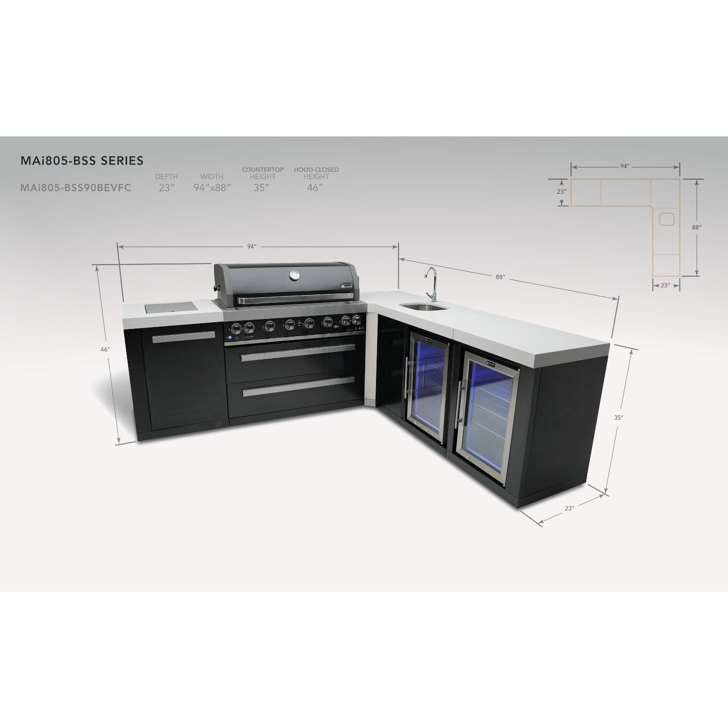 Mont Alpi MAi805-BSS90BEVFC 805 Propane Island W/ 90 Degree Corner, Beverage center & Fridge Cabinet - Dimensionsal thumbnail