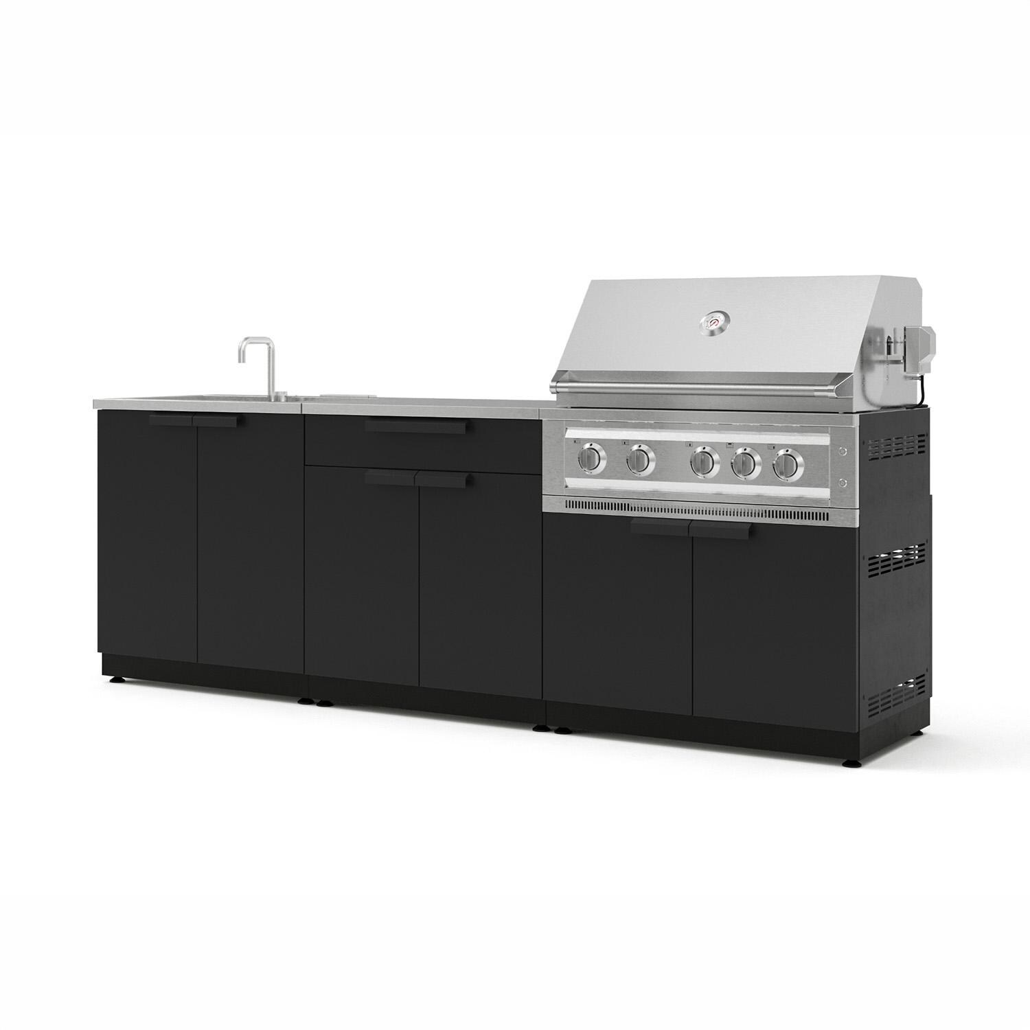 NewAge Products 67472 Classic Series 8 1/2 Ft Outdoor Kitchen Island w/ 36-in Propane Grill, Sink, Trash Bin, Door & Drawer in Matte Black/Stainless Steel - Island - White Background thumbnail