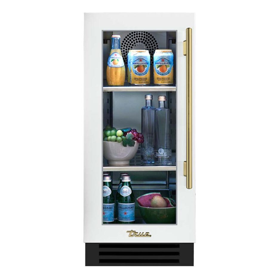 True TUR-15-L-OG-C~DSK-030-H01 15 Inch 3.14 Cu. Ft. Left Hinge Glass Door Outdoor Refigerator - Matte White w/ Brass Handles - White Background thumbnail
