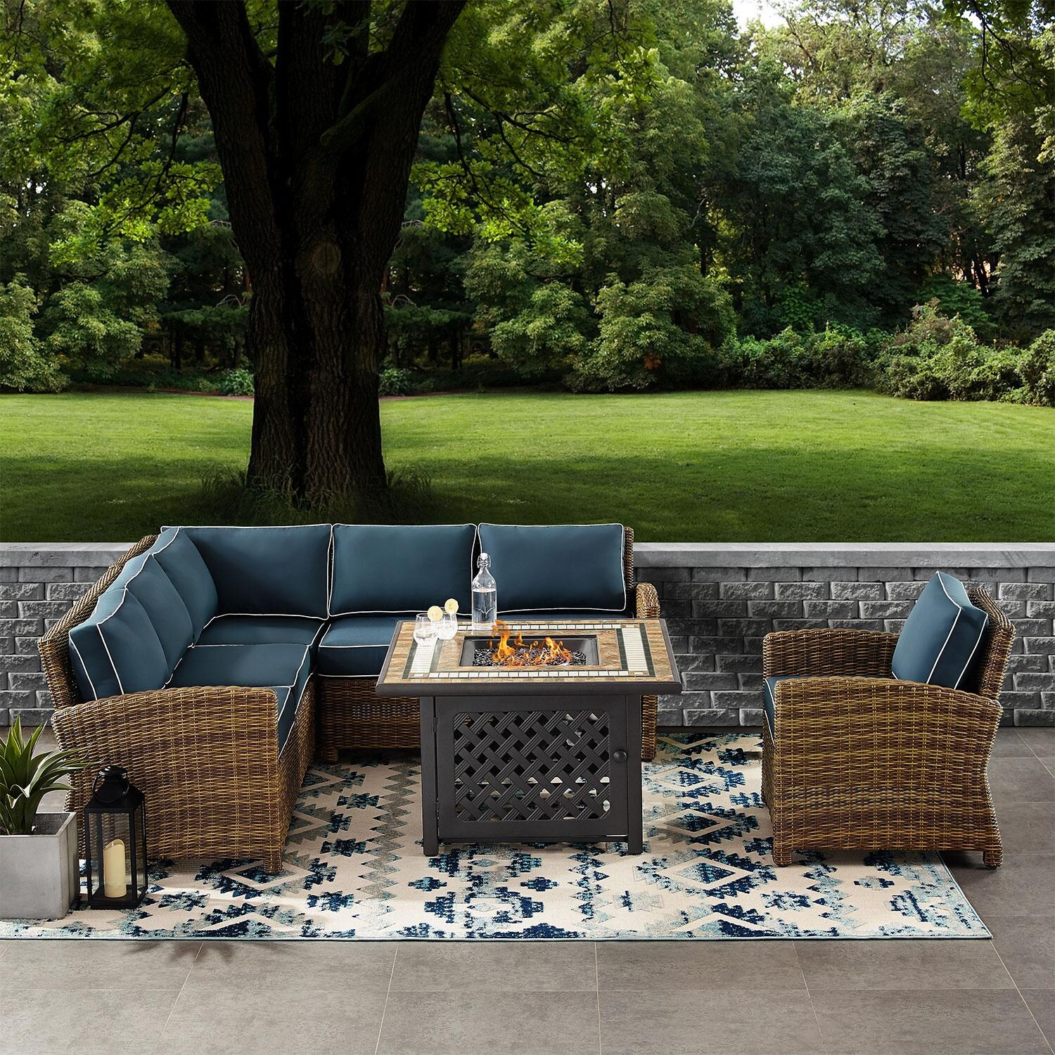 Branchwood 5 Pc Wicker Sectional Seating Set w/ Fire Table & Club Chair in Weathered Brown/Navy by Ultimate Patio