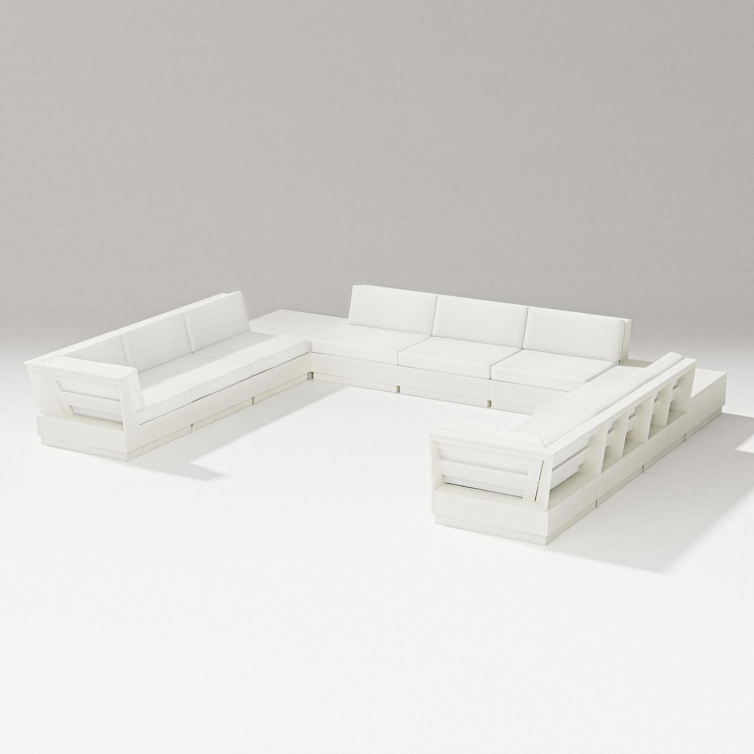 Elevate 11 Pc U-shaped Recycled Plastic Sectional Seating Set in Vintage White/Natural Linen By PW Designer Series