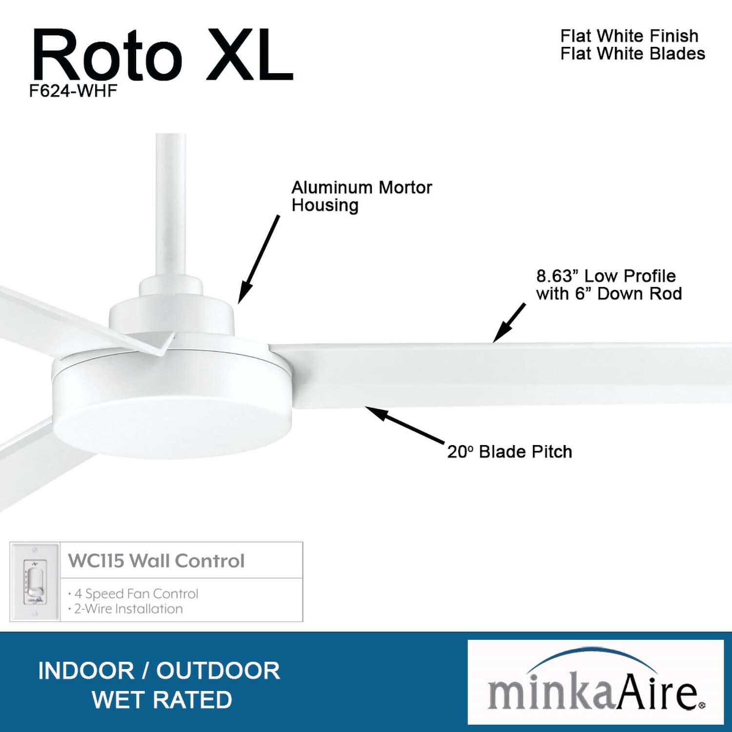 Minka-Aire F624-WHF Roto XL 62-Inch 3-Blade Ceiling Fan in Flat White Finish w/ Flat White Blades - Details thumbnail