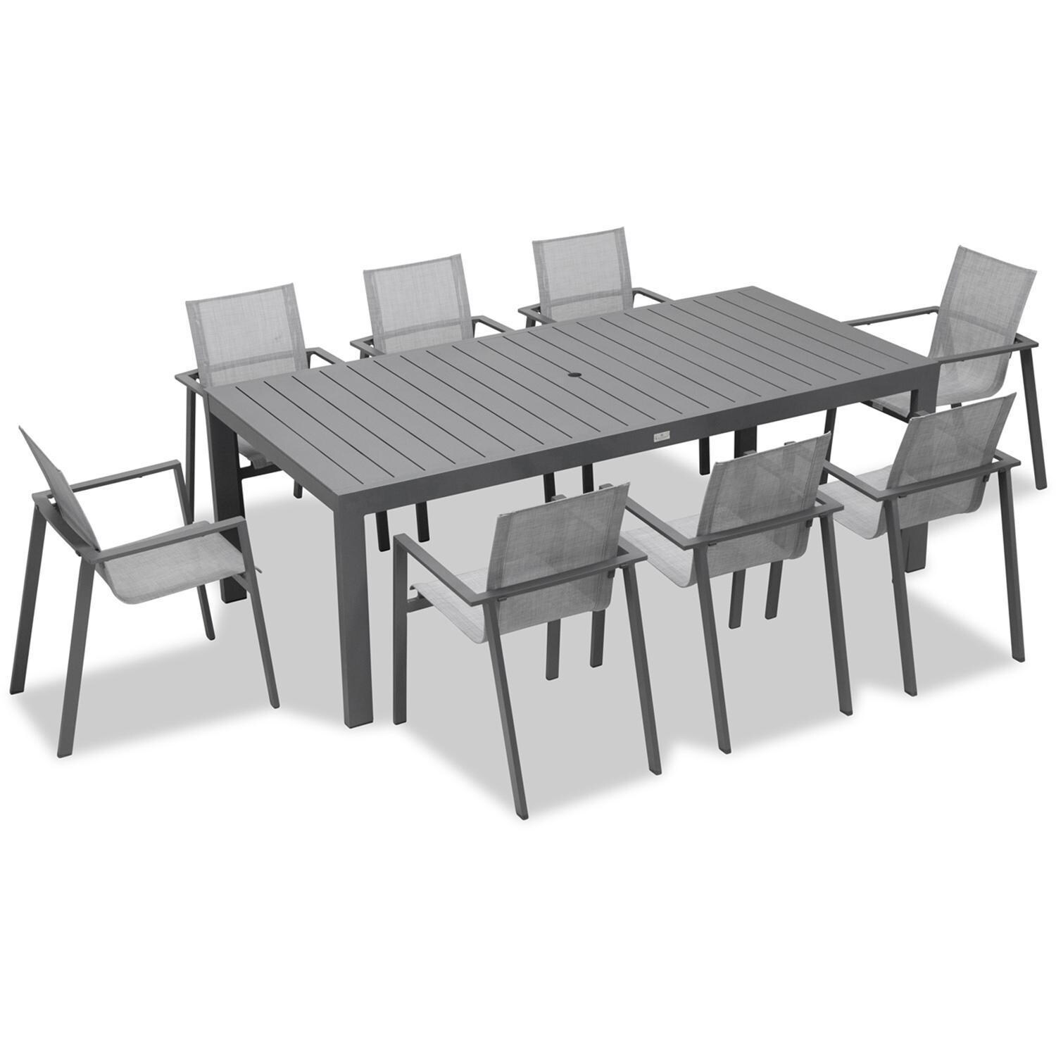 Spring Bay 8 Seat Rectangular Dining Set in Slate - Angled View From Above - White Background thumbnail
