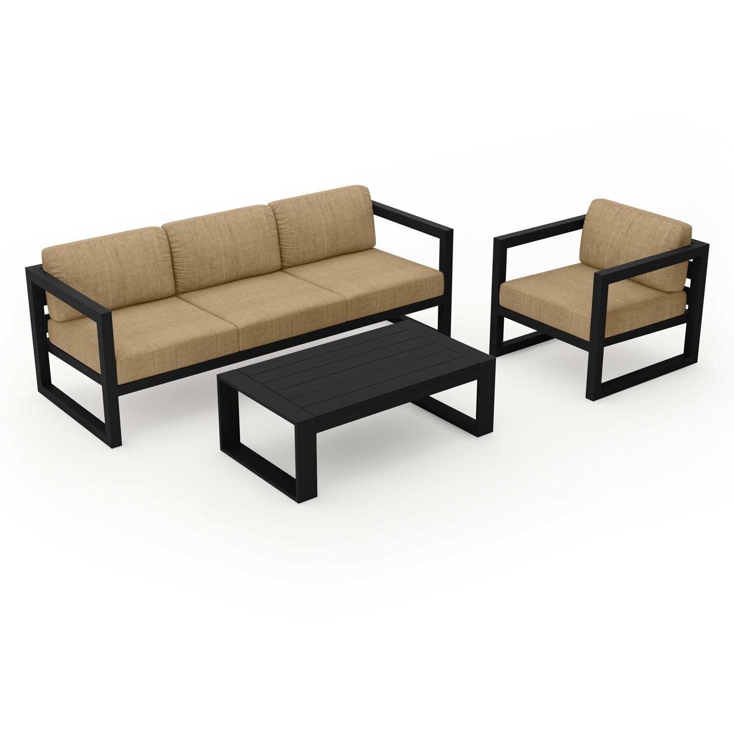 Lakeview MSTYCV-BK-3SS-HB Misty Cove 3 Pc Aluminum Seating Set in Black w/Portal Coffee Table & Heather Beige Cushions by Lakeview Outdoor Designs - Set Angled View - White Background thumbnail