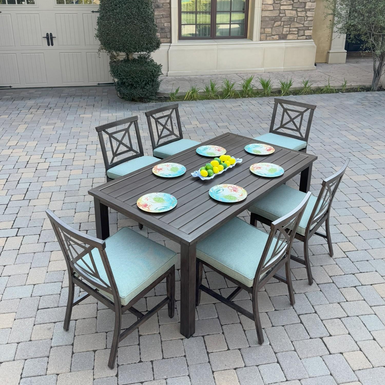 Darlee Atlantis 7 Pc Aluminum Dining Set w/ 6 Dining Side Chairs in Walnut/Spa by - B/2350-7PCAD-RE-Spa