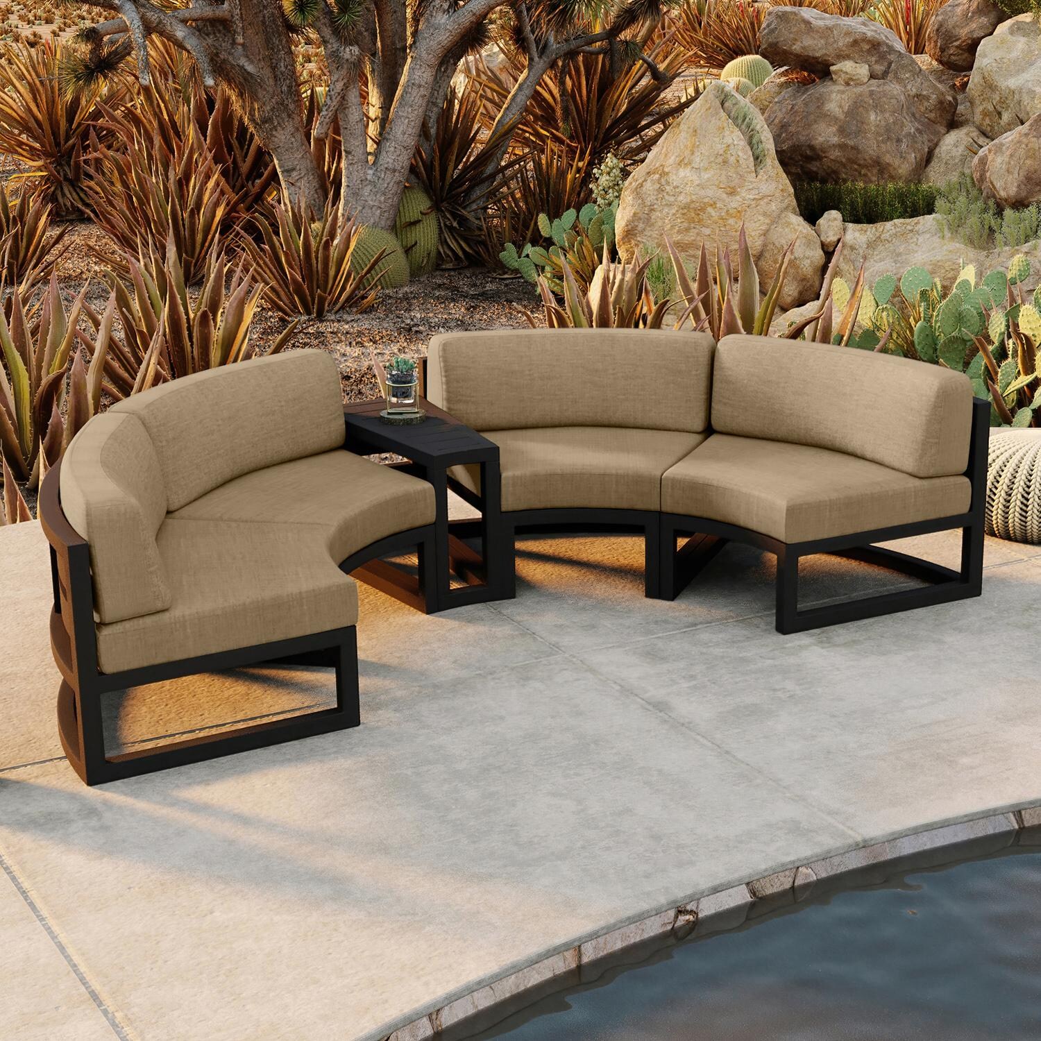 Lakeview MSTYCV-BK-3CSEC-HB Misty Cove 3 Pc Aluminum Curve Sectional Set in Black w/Wedge End Table & Heather Beige Cushions by Lakeview Outdoor Designs - Set From Above - Lifestyle thumbnail