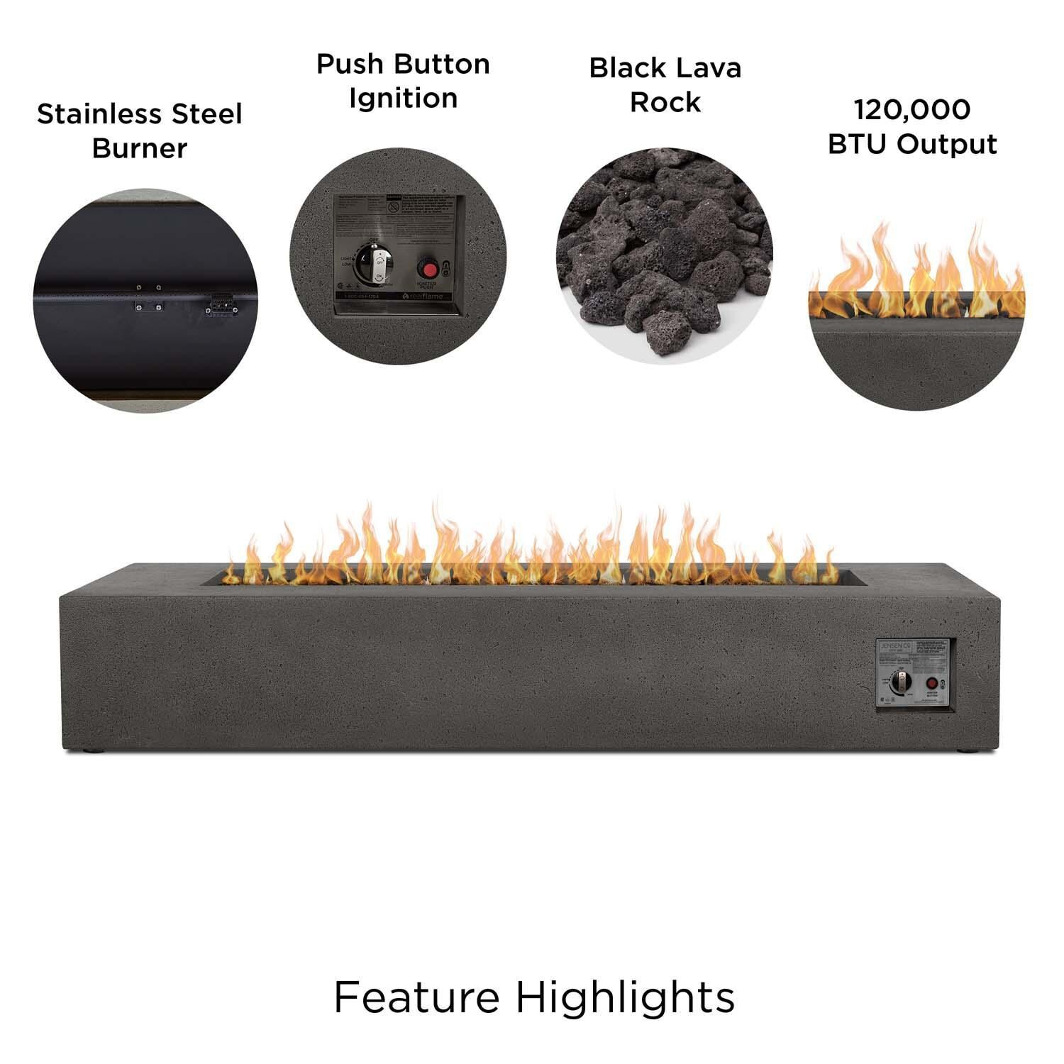 Hillview Bay 72 Inch Rectangular Glass Fiber Reinforced Concrete Propane Fire Pit Table in Carbon by BBQGuys Signature - Features thumbnail