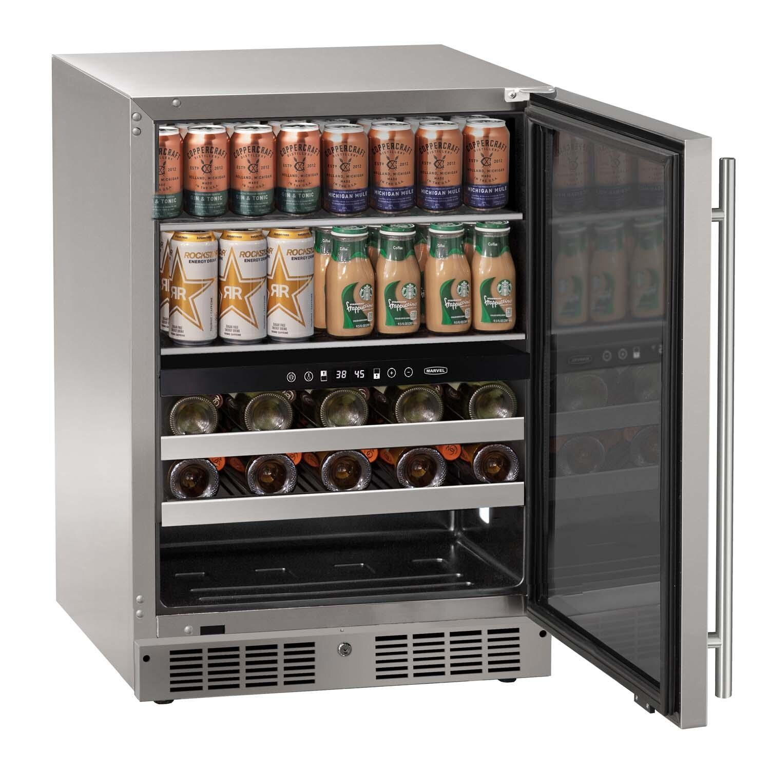 Marvel MRBD224-SG31A 24-in 4.8 Cu. Ft. Dual-Zone Beverage Center - Door Open w/ Drinks - White Background thumbnail