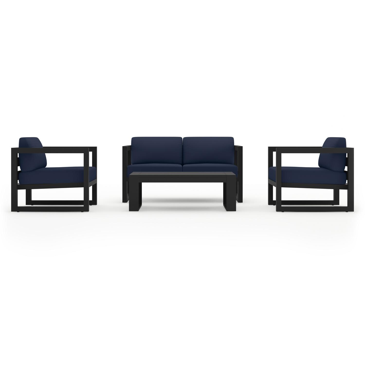 Misty Cove 4 Pc Aluminum Seating Set w/ Portal Coffee Table in Black/Spectrum Indigo by Lakeview Outdoor Designs