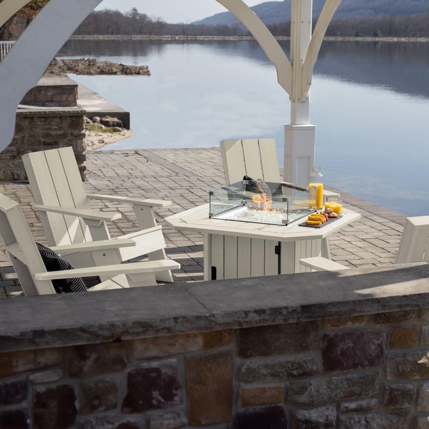 Harborview 5 Pc Adirondack Set W/ Fire Pit Table in Whitewash by Lakeview Outdoor Designs - Around Lake - Lifestyle thumbnail