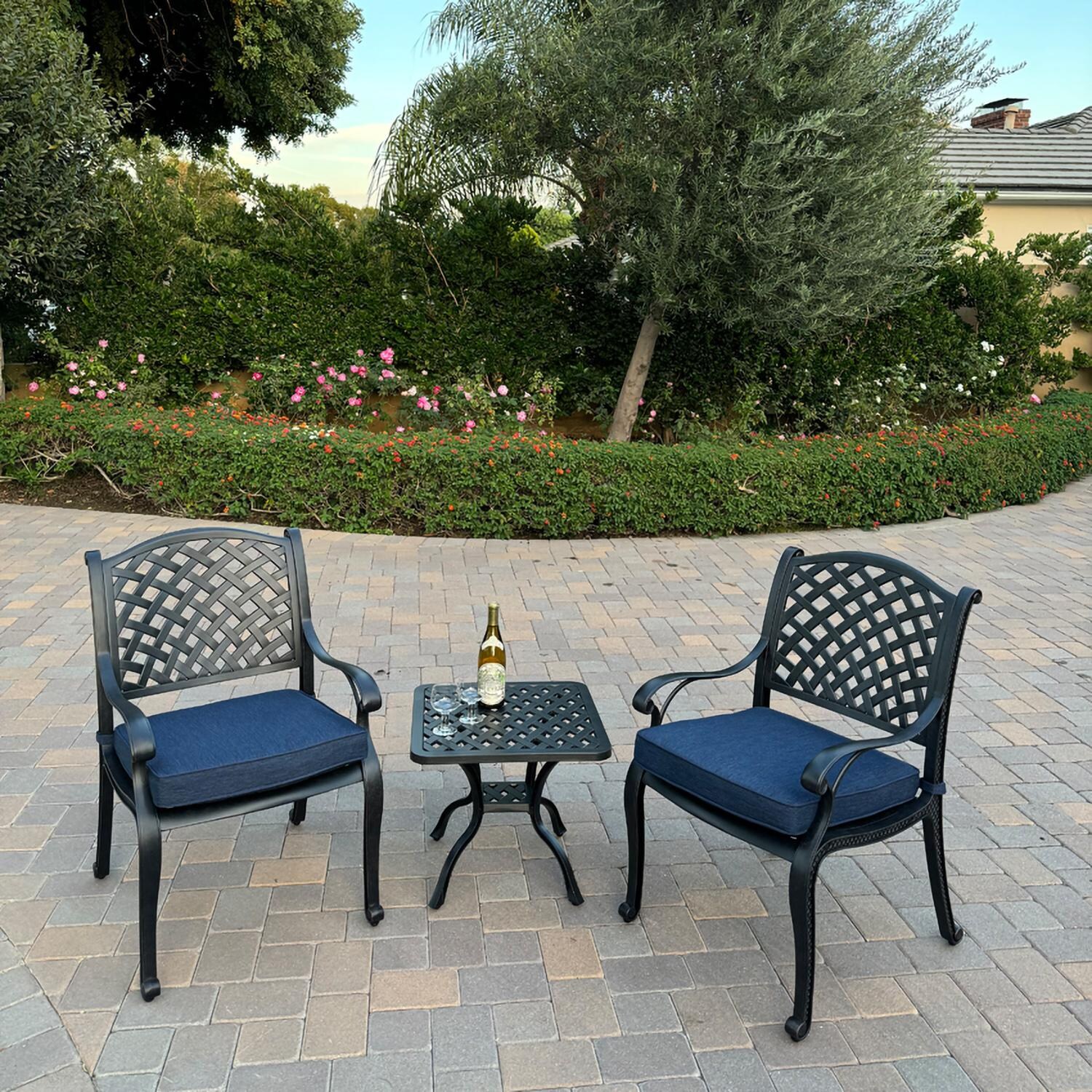 Nassau 3 Pc Cast Aluminum Conversation Set in Antique Bronze w/ Navy Cushions By Darlee