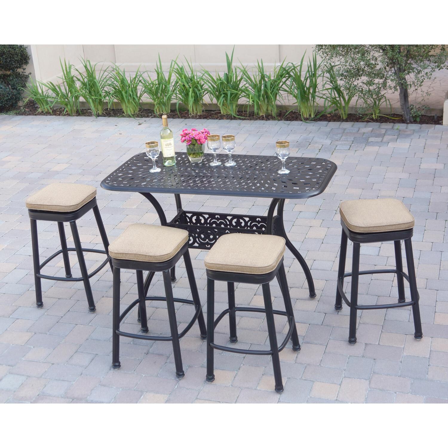 Darlee 1220-5PC-60CB Classic 5 Piece Cast Aluminum Patio Backless Square Counter Height Bar Set W/ 52 X 26 Rectangular Table & Sesame Cushions - Lifestyle