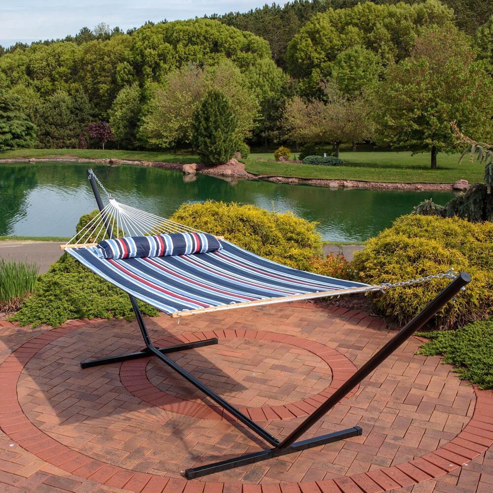 Ultimate Patio Quilted Double Hammock w/ 15-Foot Steel Beam Stand & Pillow - Nautical Stripe - Lifestyle thumbnail