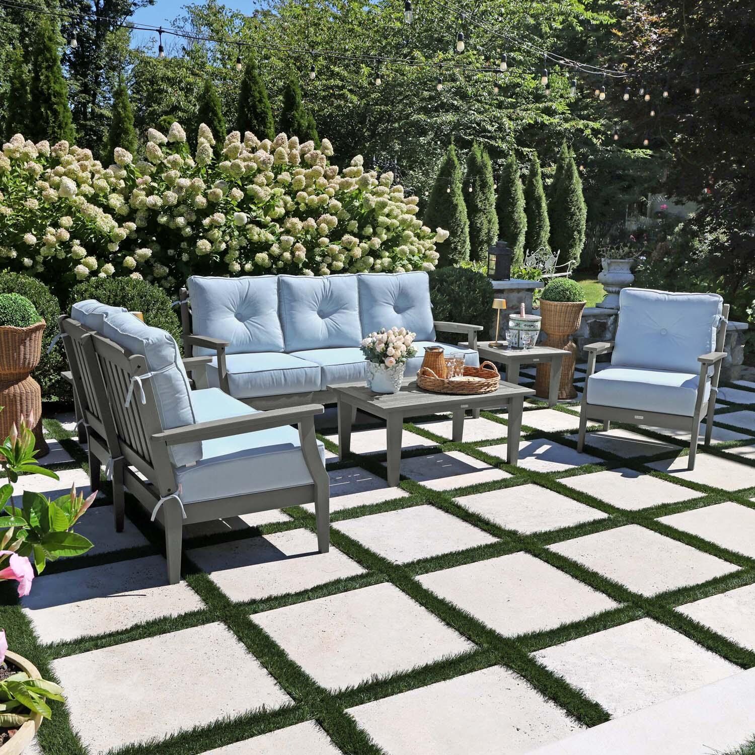 Blushing Bay 6 Pc Recycled Plastic Grand Seating Set in Bliss Dew/Coastal Teak by Lakeview Outdoor Designs - Left Angled - Lifestyle thumbnail