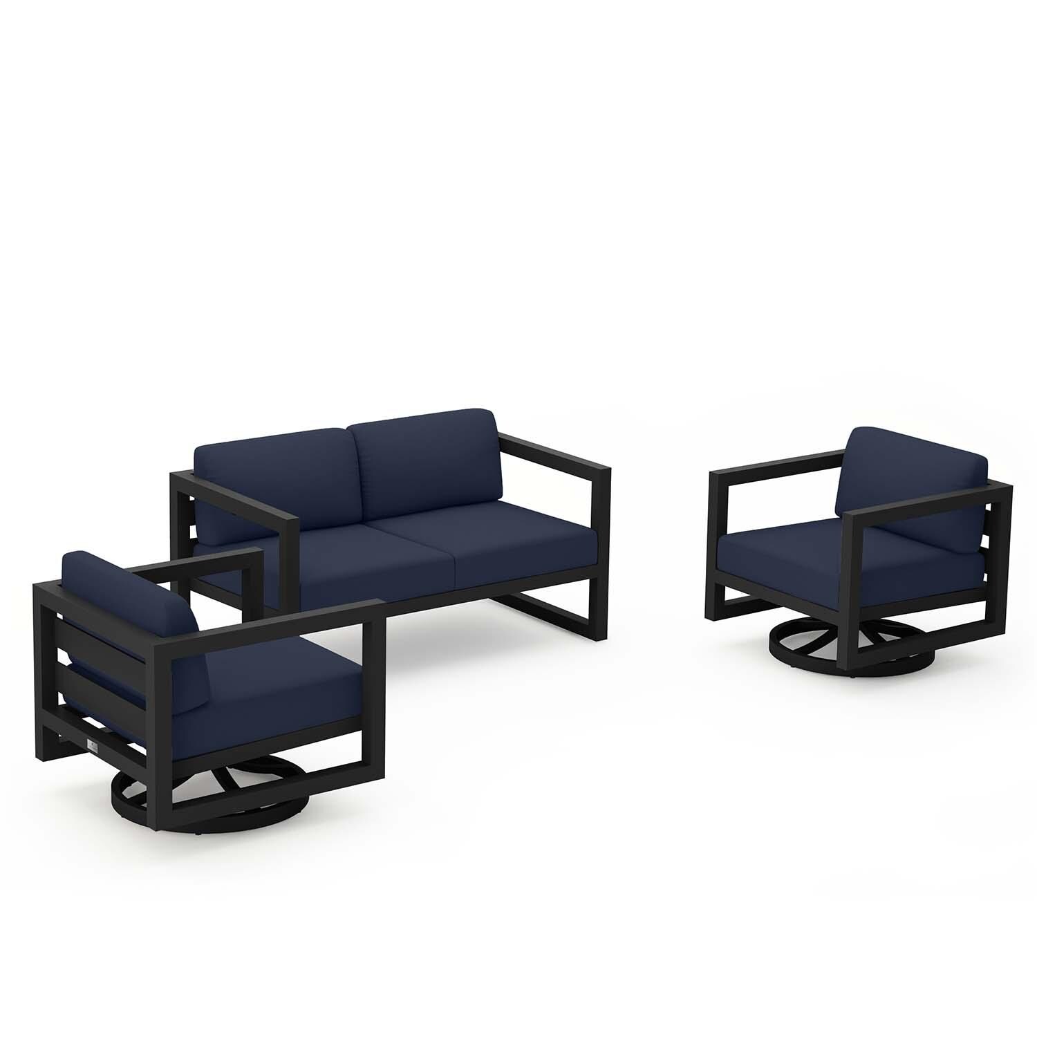 Misty Cove 3 Pc Aluminum Loveseat Seating Set w/ Swivel Chairs in Black/Spectrum Indigo by Lakeview Outdoor Designs - Angled - White Background thumbnail