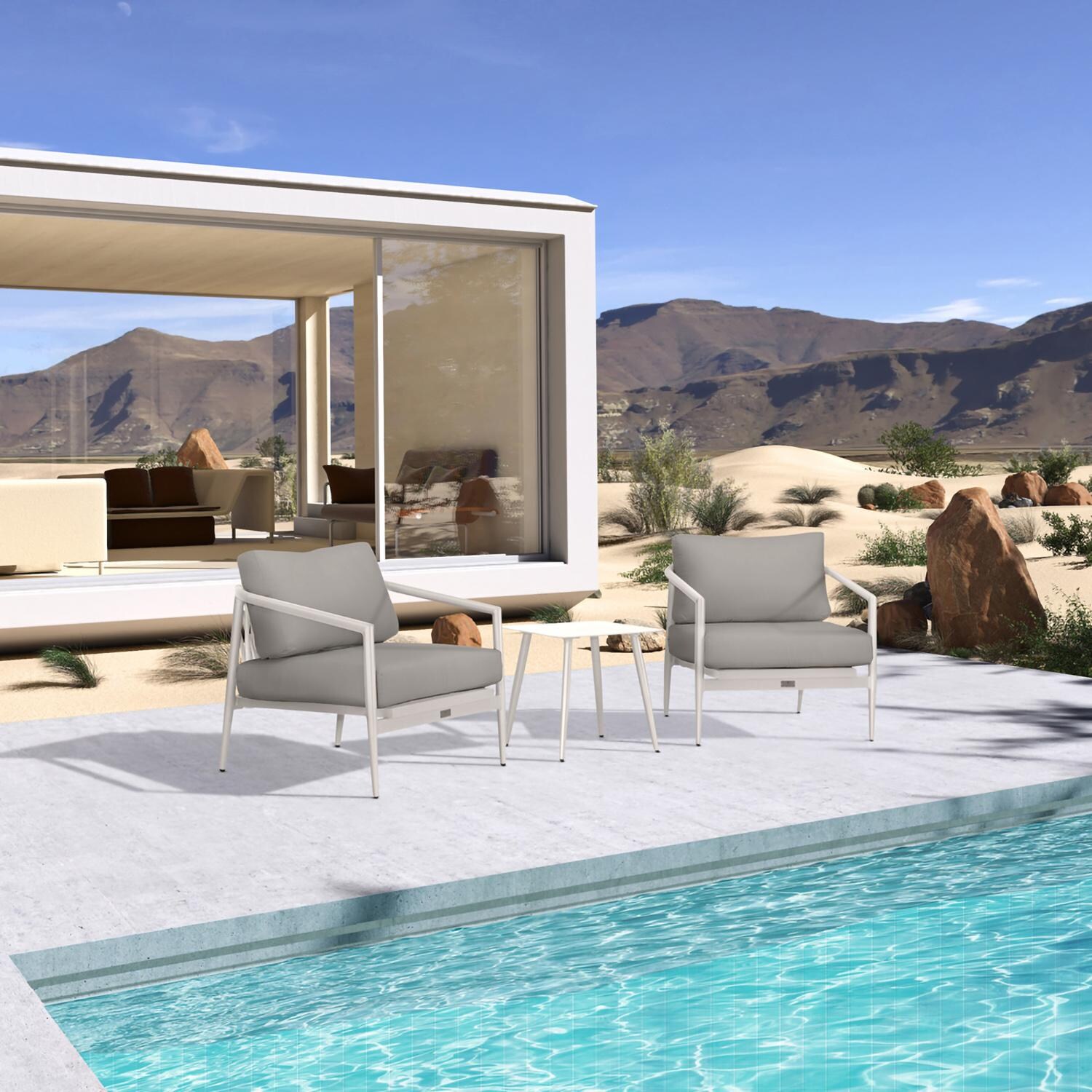 Lakeview Midnight Cove 3 Pc Aluminum Club Chair Seating Set in Urban Stone/Carrera/Canvas Charcoal - Angled - Lifestyle thumbnail