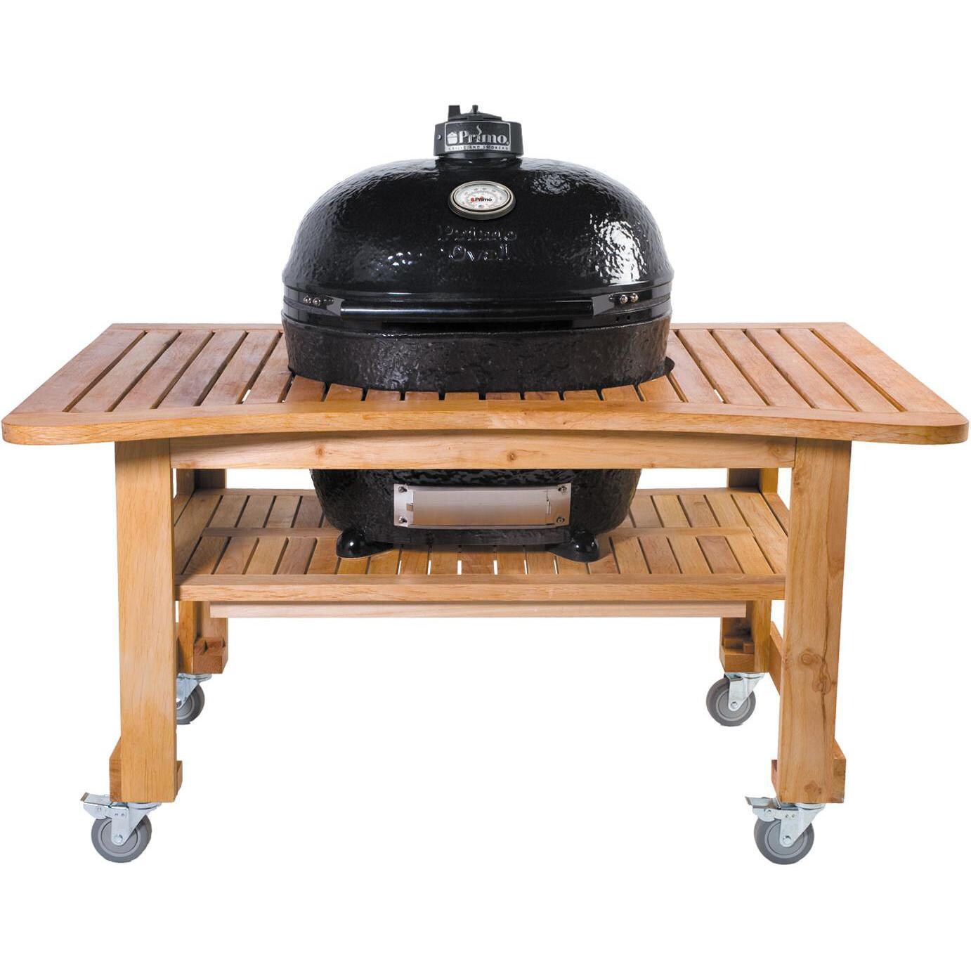 Primo Ceramic Charcoal Smoker Grill On Teak Table - Oval XL