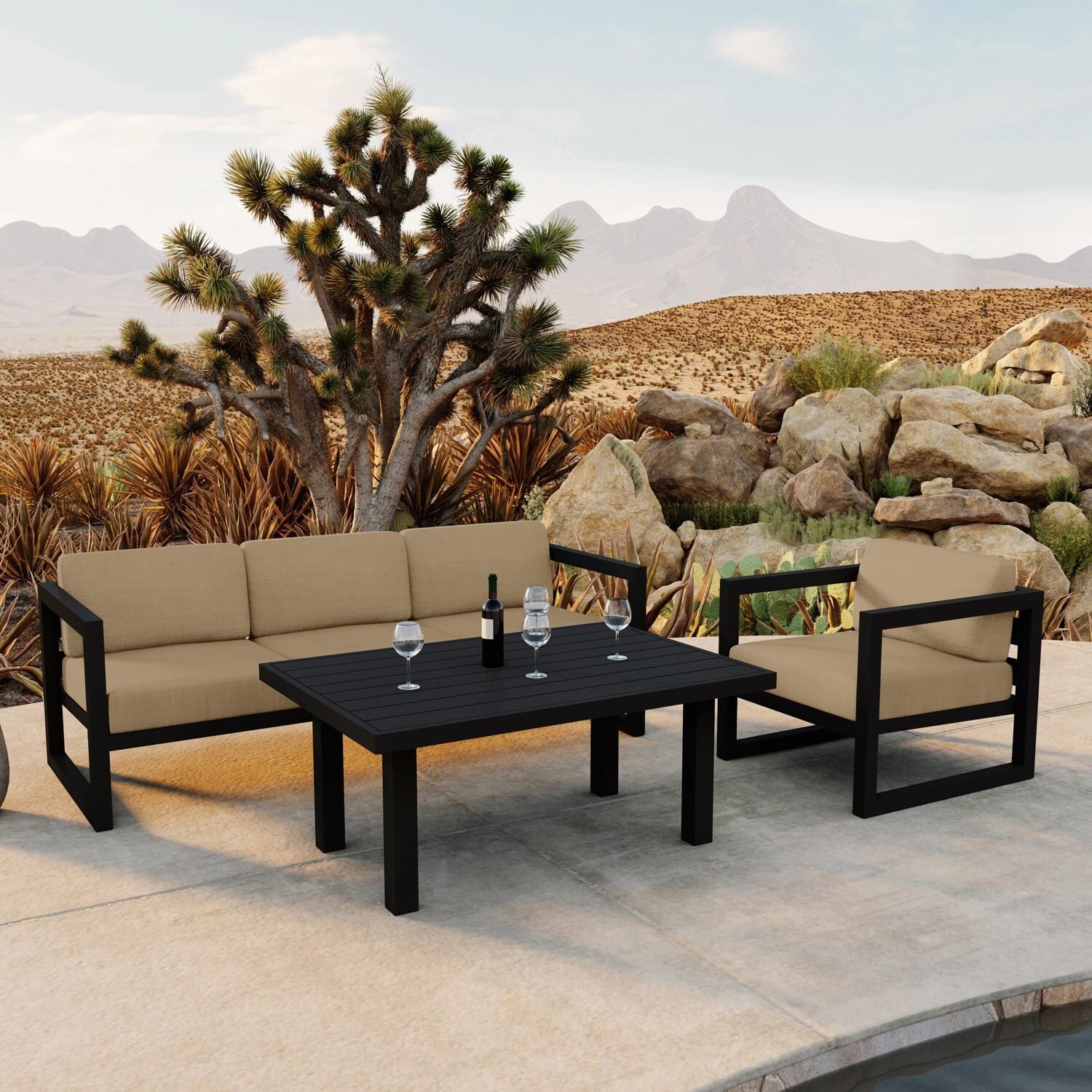 Lakeview MSTYCV-BK-SET138-HB Misty Cove 3 Pc Aluminum Seating Set in Black w/Chat Table & Heather Beige Cushions by Lakeview Outdoor Designs - By the Pool - Lifestyle thumbnail