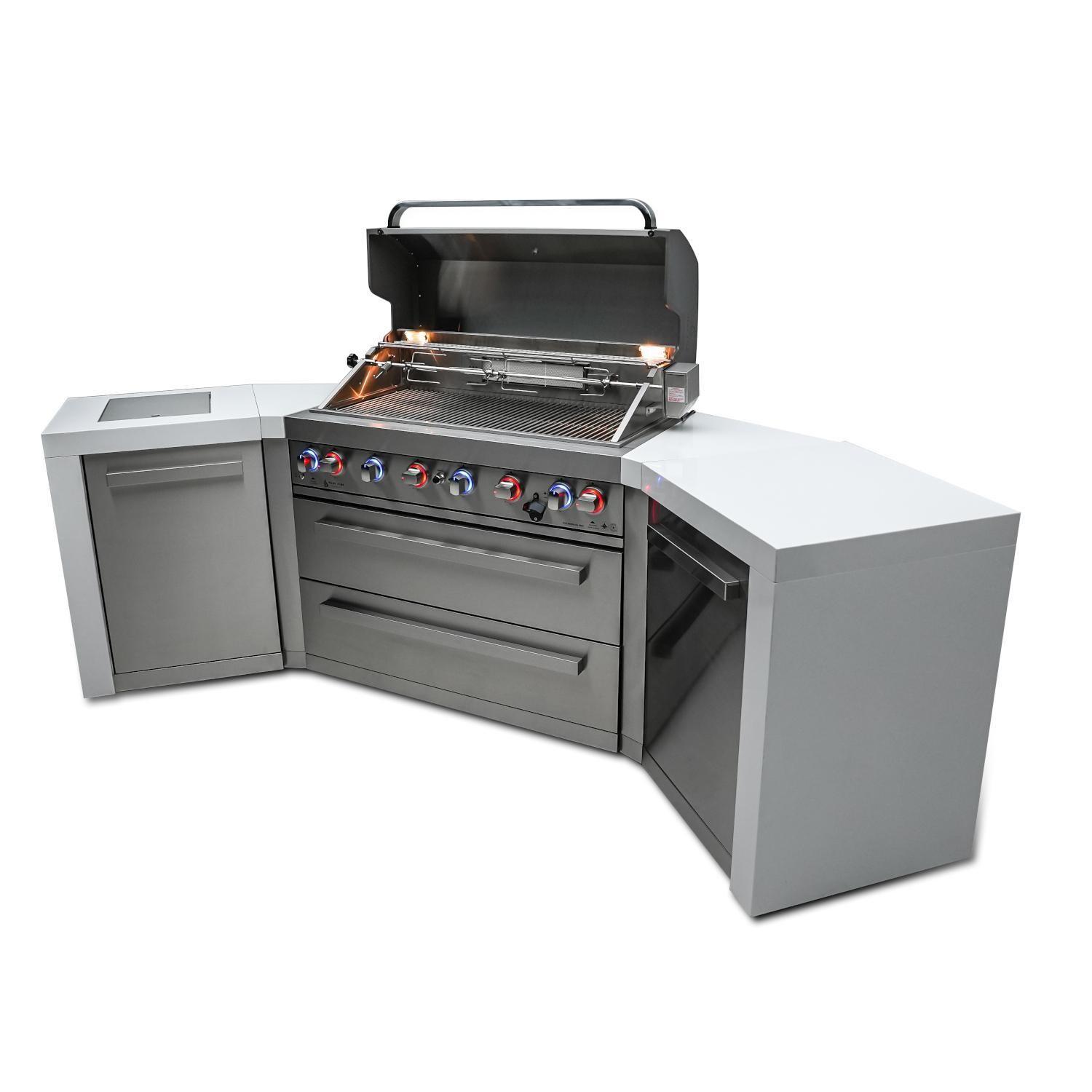 Mont Alpi MAi805-D45 Deluxe 45 Degree Natural Gas Island Grill - Angled Left - Grill open - White Background thumbnail