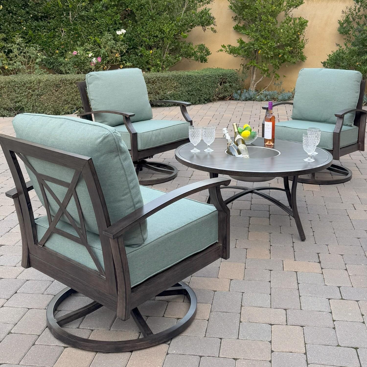 Atlantis 5 Pc Aluminum Seating Set w/ 4 Swivel Rocker Club Chairs & Ice Bucket in Walnut/Spa by Darlee - Chair Rear - Lifestyle thumbnail