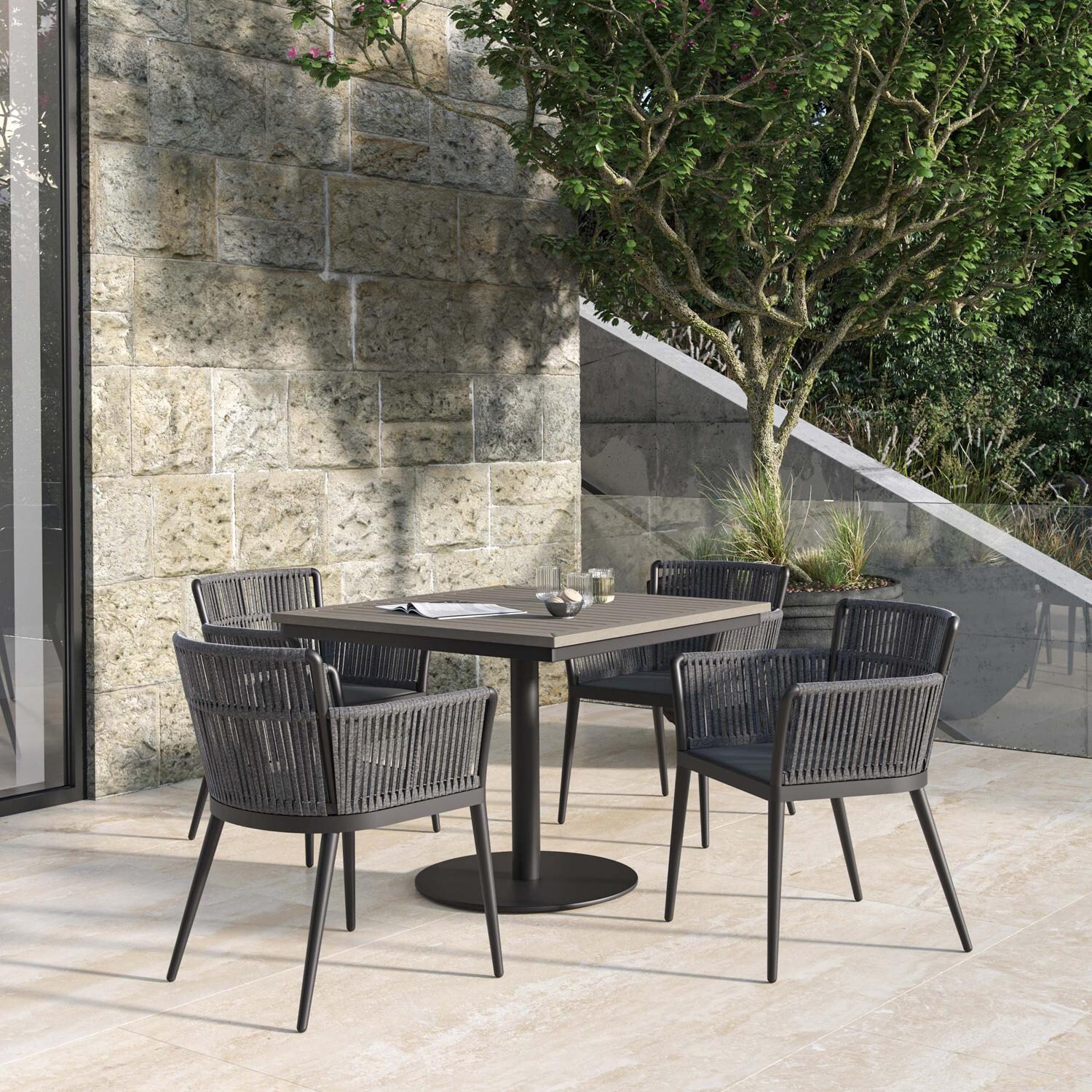 Nette 5 Pc Olefin Rope & Aluminum Dining Set W/ Vintage Tekwood Top in Carbon/Pewter By Oxford Garden