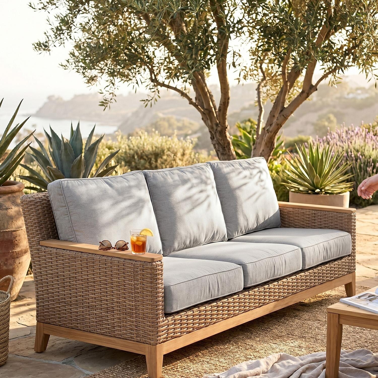 Royal Teak Collection BOCA3S-H-G Boca 3 Person Wicker Sofa / Sunbrella Cushions in Honey/Canvas Granite - On Patio - Lifestyle thumbnail