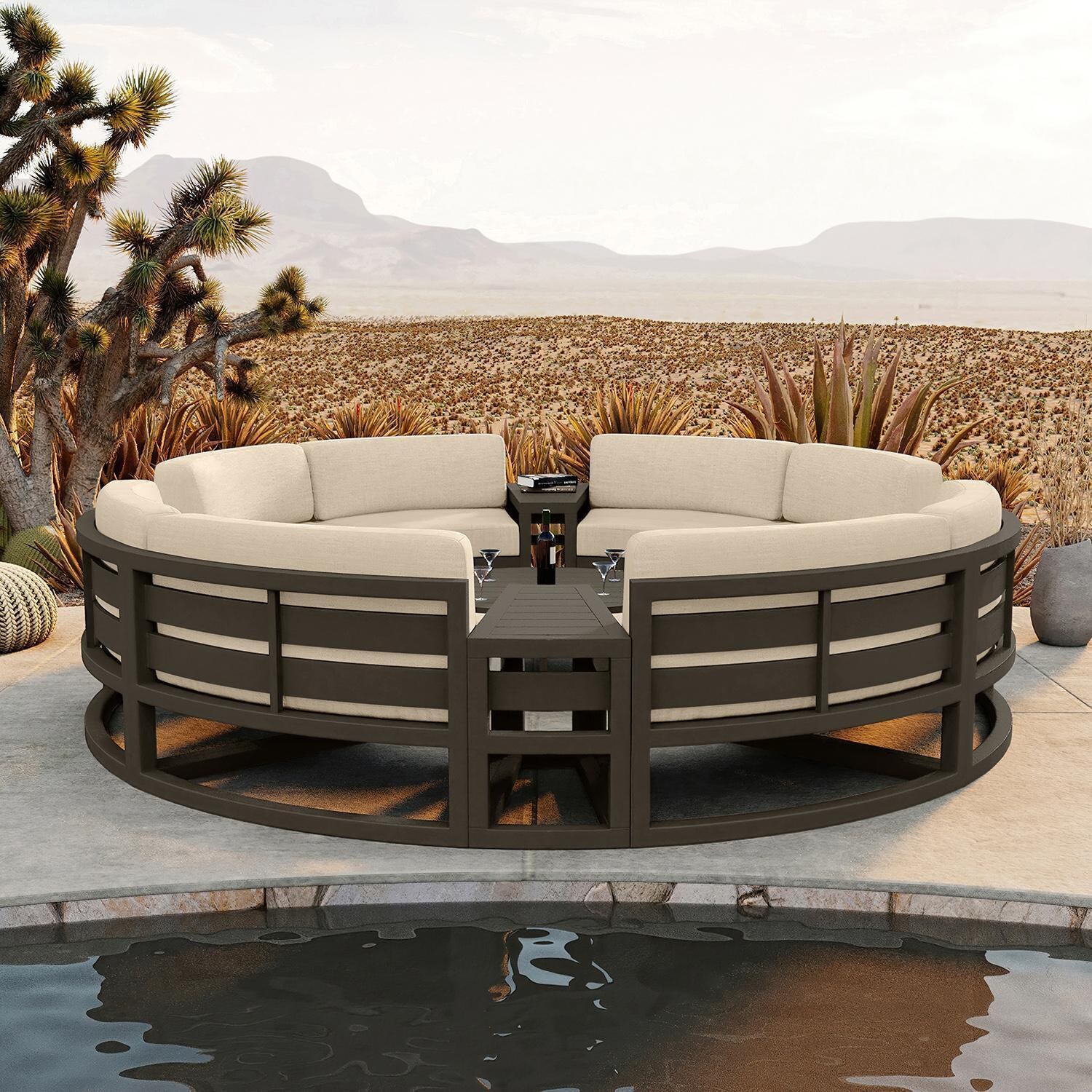 Misty Cove 7 Piece Curve Sectional Set in Slate w/Coffee Table & Canvas Flax Cushions by Lakeview - By the Water - Lifestyle thumbnail