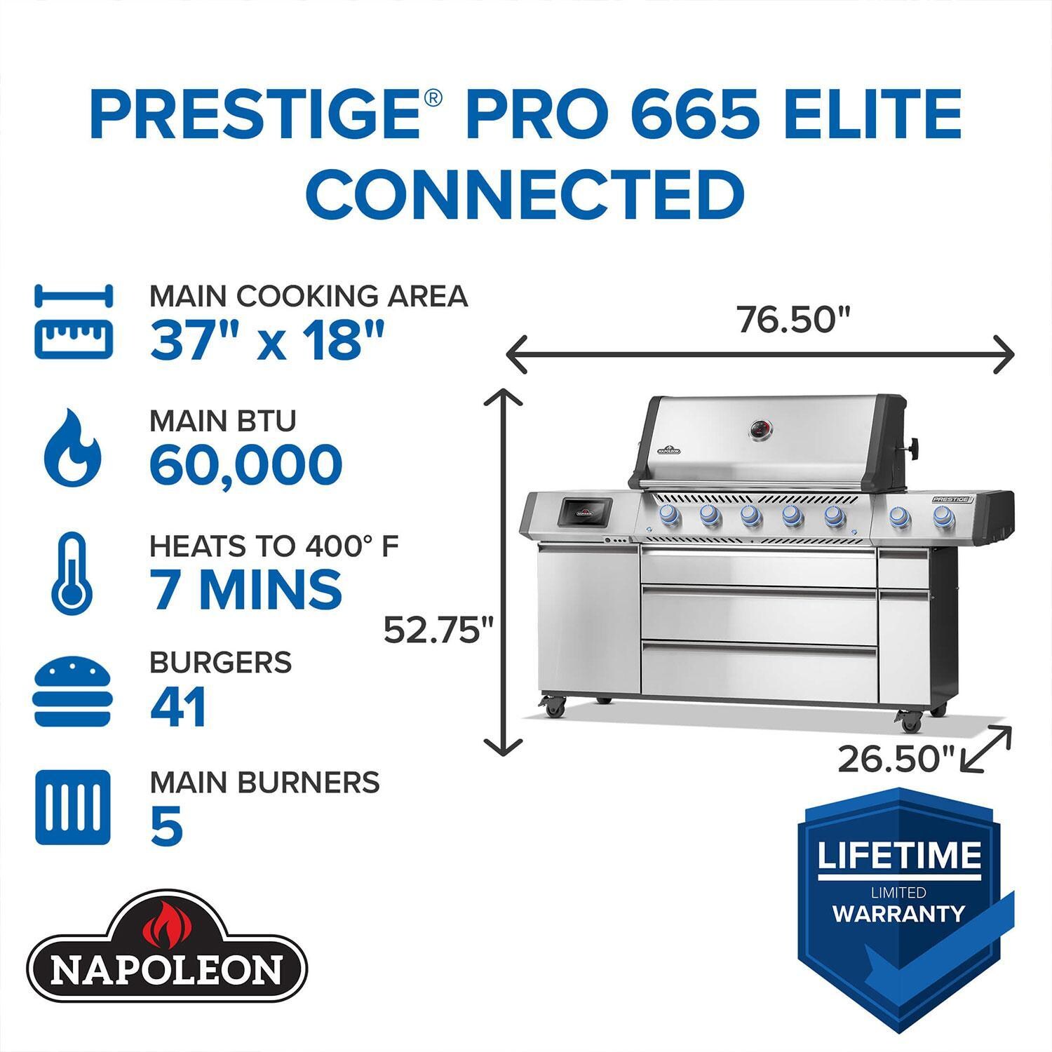 Napoleon PRO665VXRSIBPSS Prestige PRO 665 Elite 5 Burner Propane Grill w/ Smart Technology & Electric Smoker Box - Dimensional thumbnail