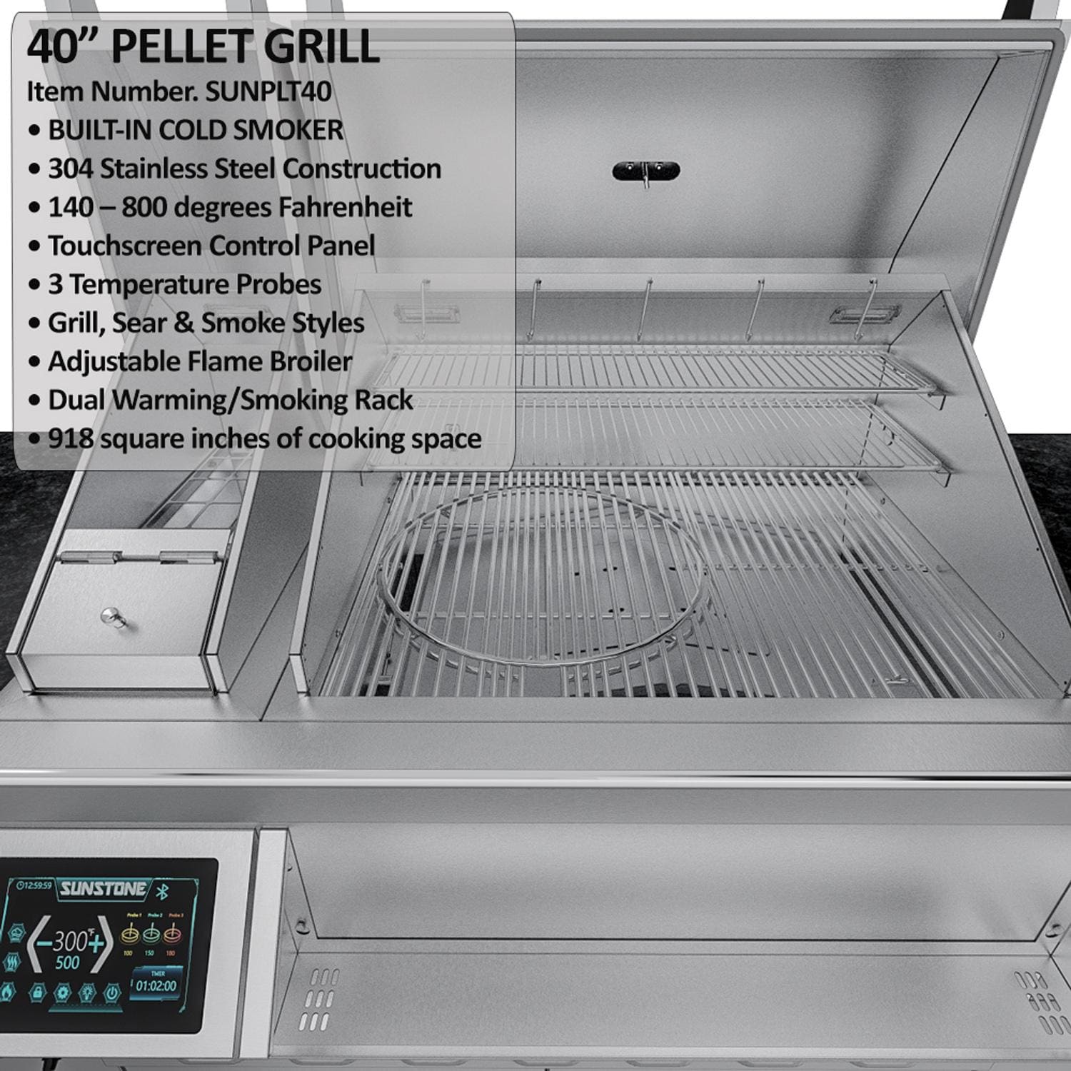 Sunstone Grills SCPCYPRESS11.6-LP Cypress 11 1/2 Ft Outdoor Kitchen Island w/ Propane Grill & Side Burner, Sink, Refrigerator, Door & Drawer - Pellet Grill - Detail thumbnail