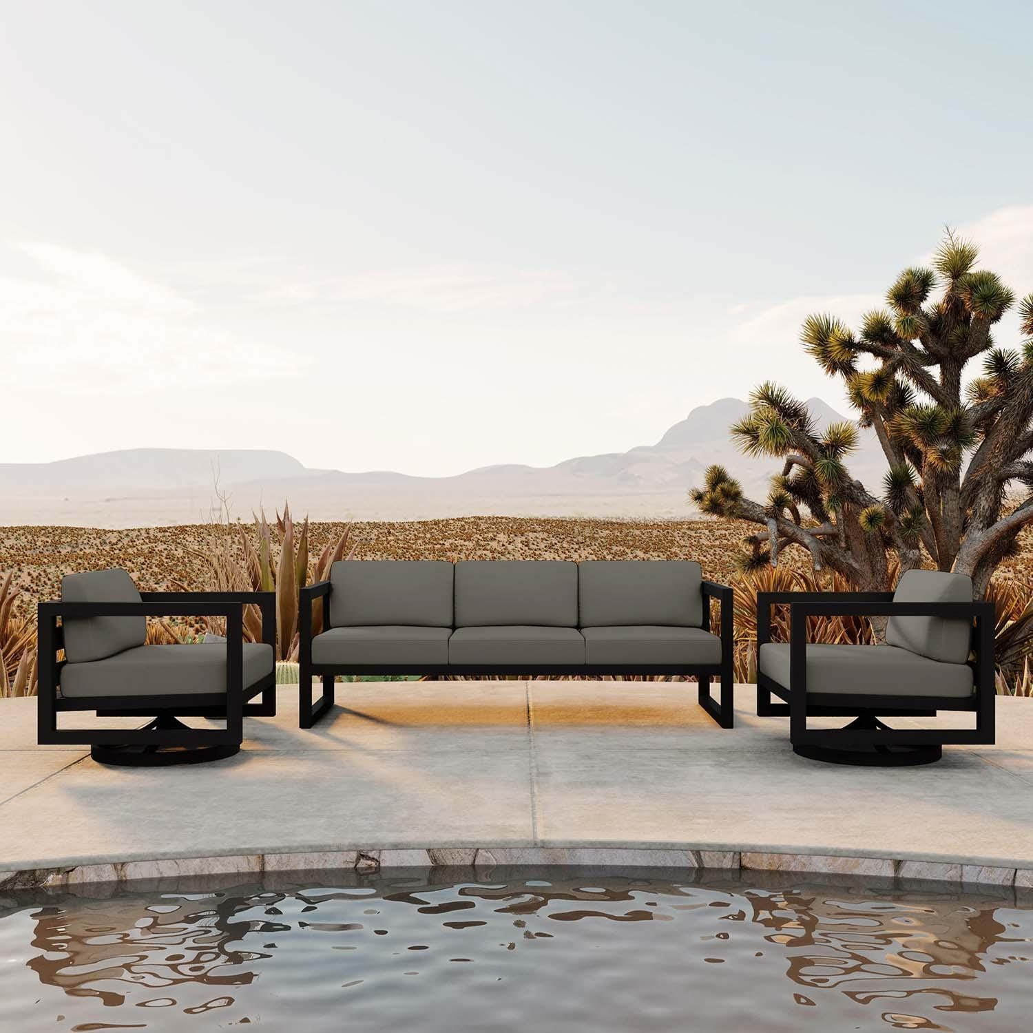 Misty Cove 3 Pc Aluminum Sofa Seating Set w/ Swivel Chairs in Black/Canvas Charcoal by Lakeview Outdoor Designs