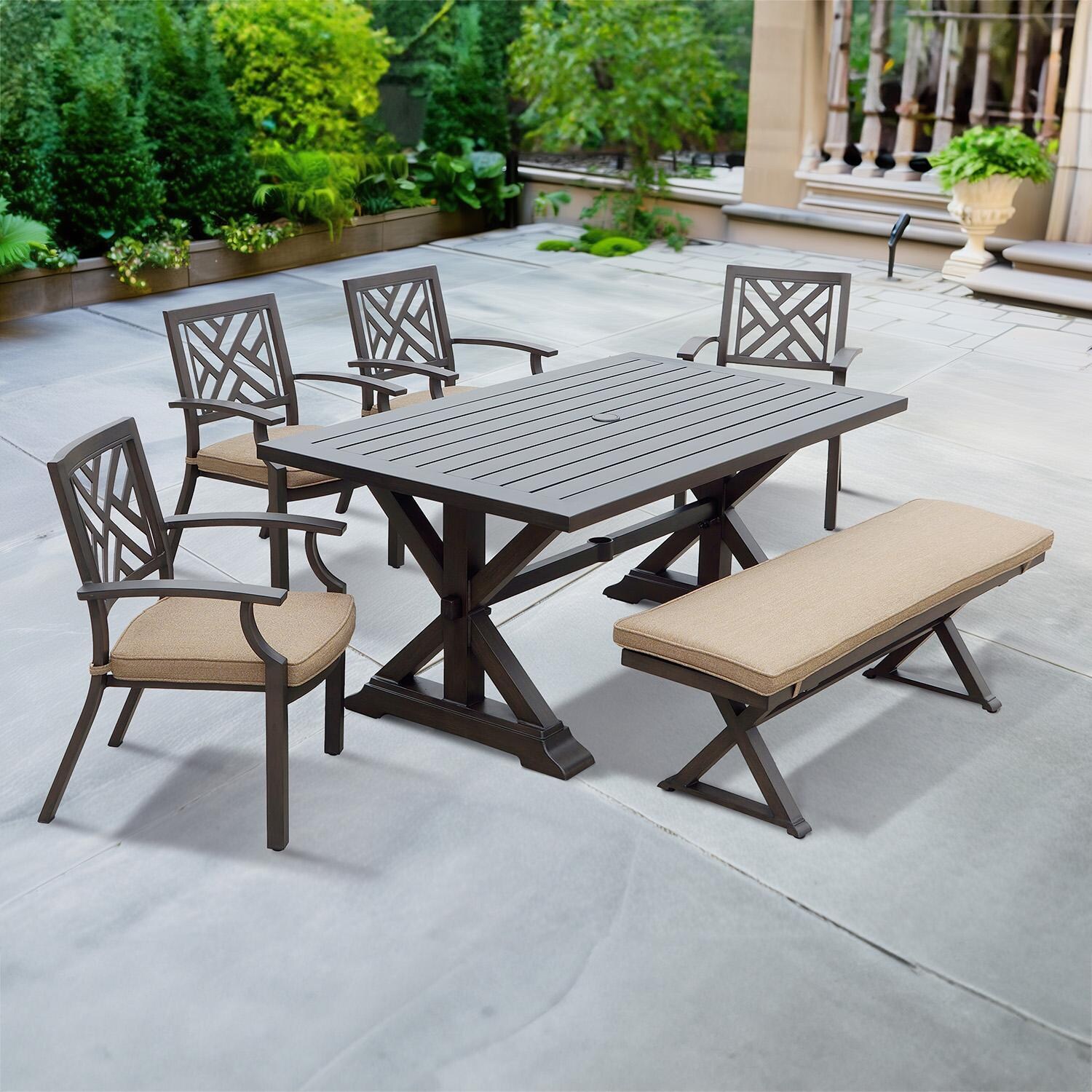 Darlee Brooklyn 6-Piece Patio Dining Set (with 4 Dining Chairs and 1 Bench) with Cushions and 39 X 67 Inch Rectangular Dining Table - Set - Lifestyle thumbnail