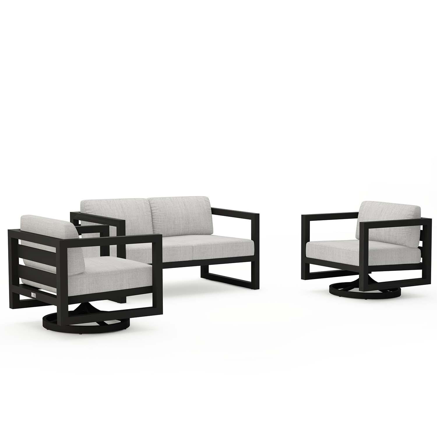 Misty Cove 3 Pc Aluminum Loveseat Seating Set w/ Swivel Chairs in Black/Cast Silver by Lakeview Outdoor Designs - White Background thumbnail