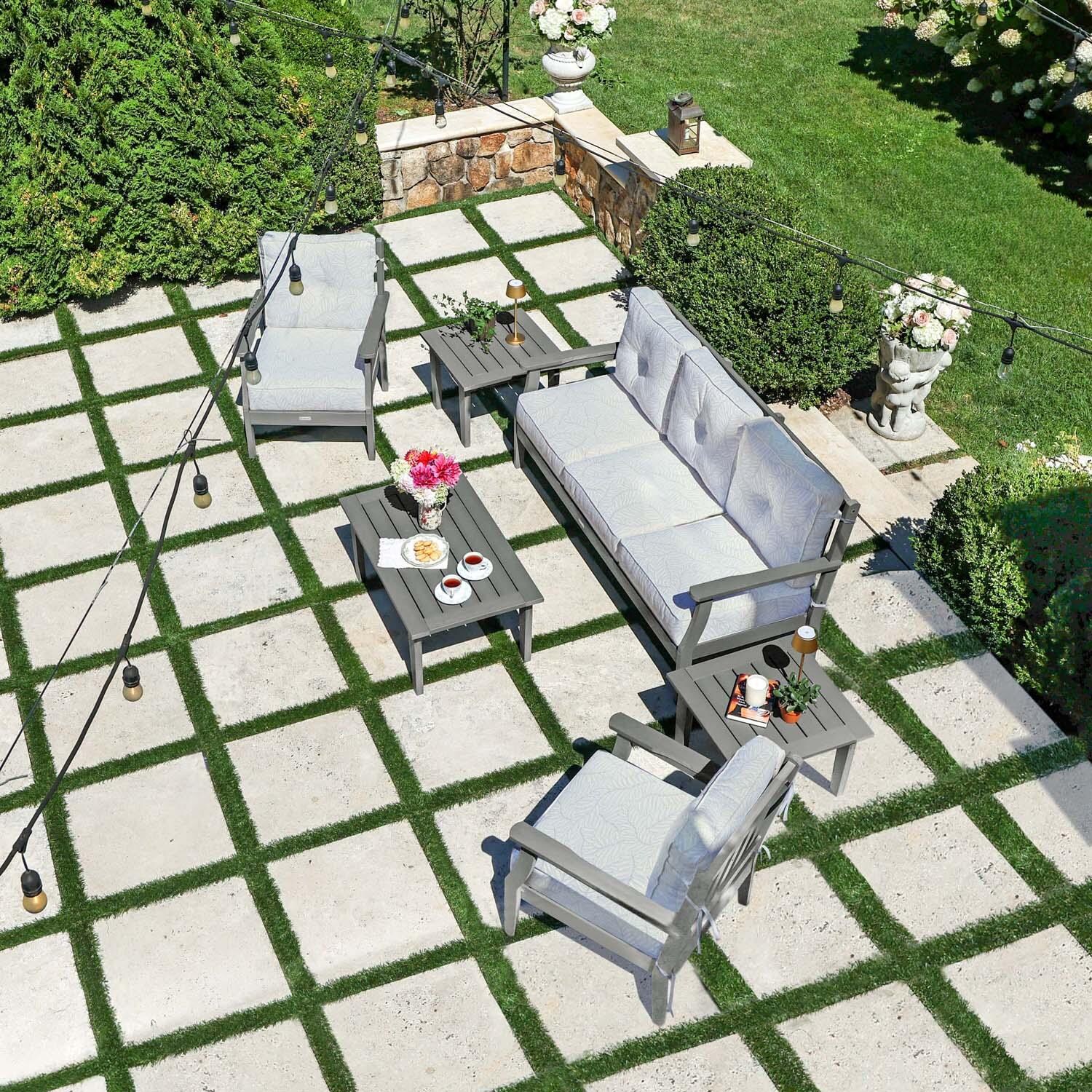 Blushing Bay 6 Pc Recycled Plastic Seating Set w/ Sofa in Lively Parchment/Coastal Teak by Lakeview Outdoor Designs - Top View - Lifestyle thumbnail