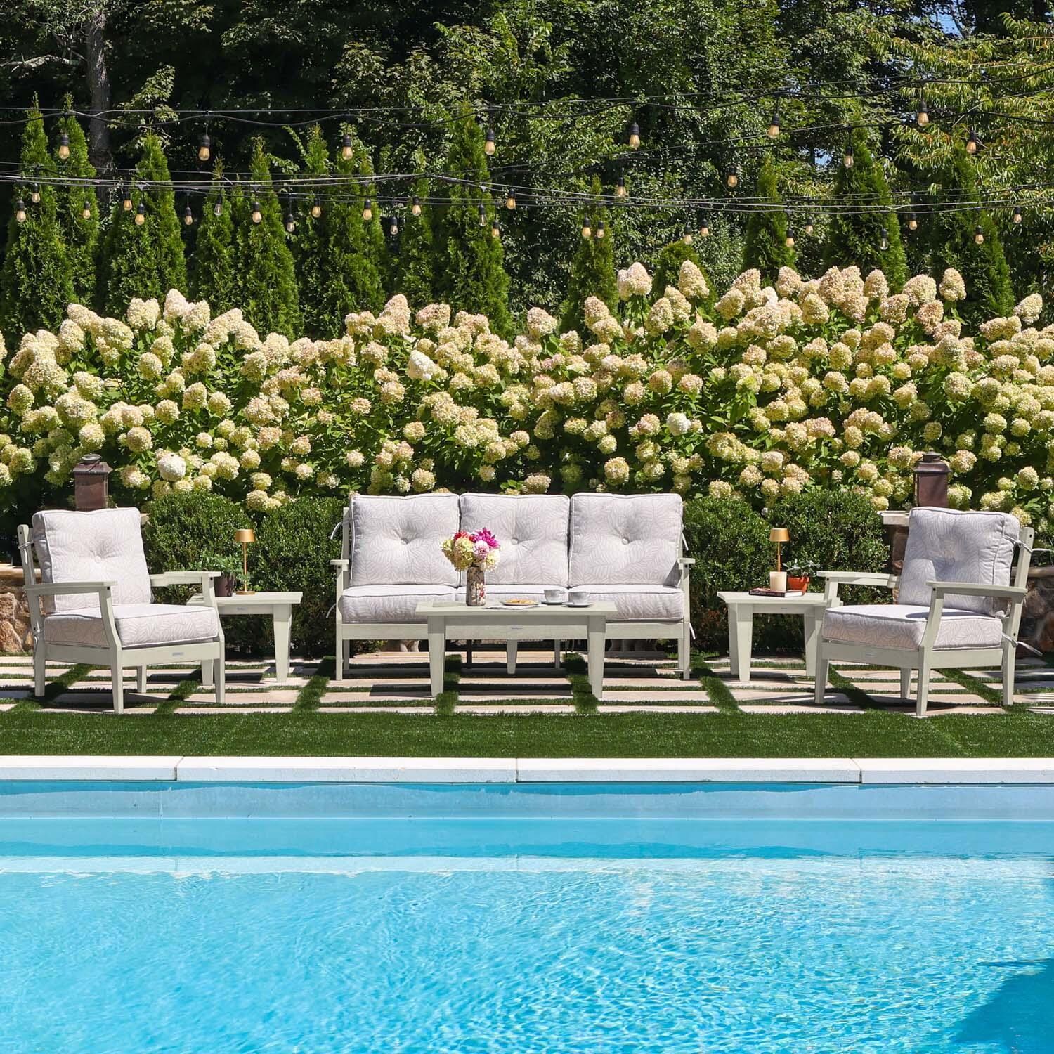 Blushing Bay 6 Pc Recycled Plastic Seating Set w/ Sofa in Lively Parchment/Whitewash by Lakeview Outdoor Designs - By the Pool - Lifestyle thumbnail