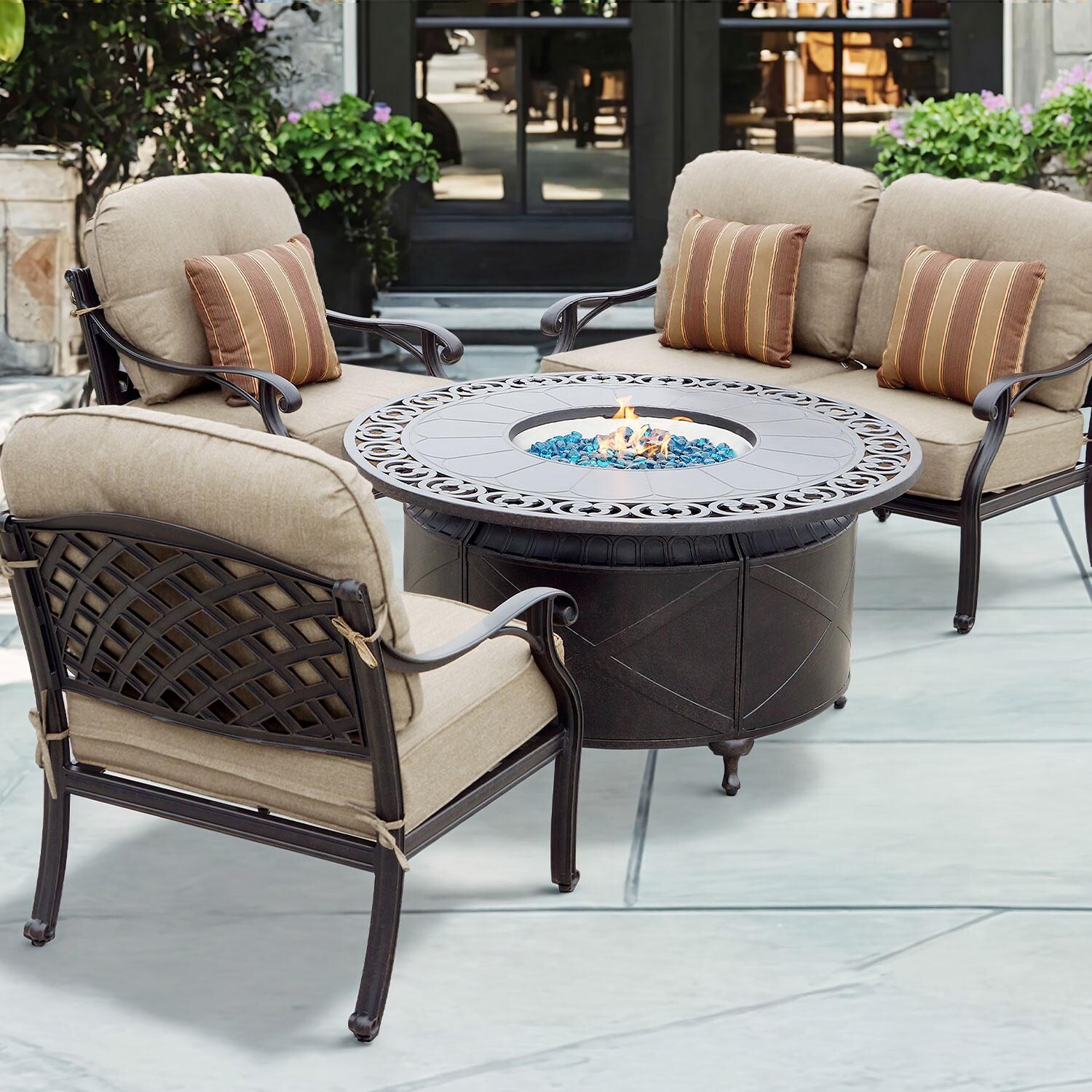 Nassau 4 Pc Cast Aluminum Fire Pit Loveseat Seating Set w/ 47 Inch Table & Throw Pillows in Antique Bronze/Sesame by Darlee
