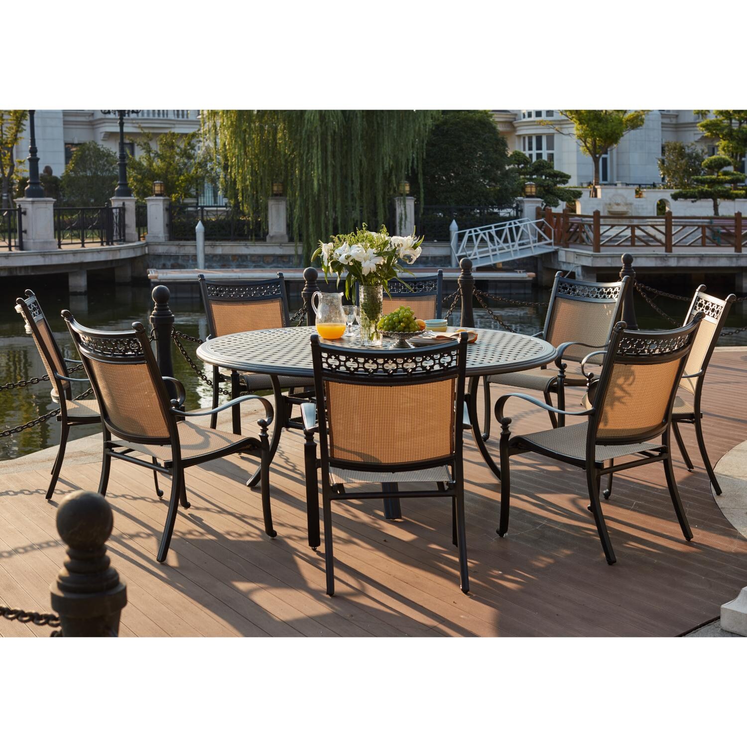 Darlee 201610-9PC-99LD Mountain View 9 Piece Cast Aluminum Sling Patio Dining Set W/ 71 Inch Round Table - Lifestyle thumbnail