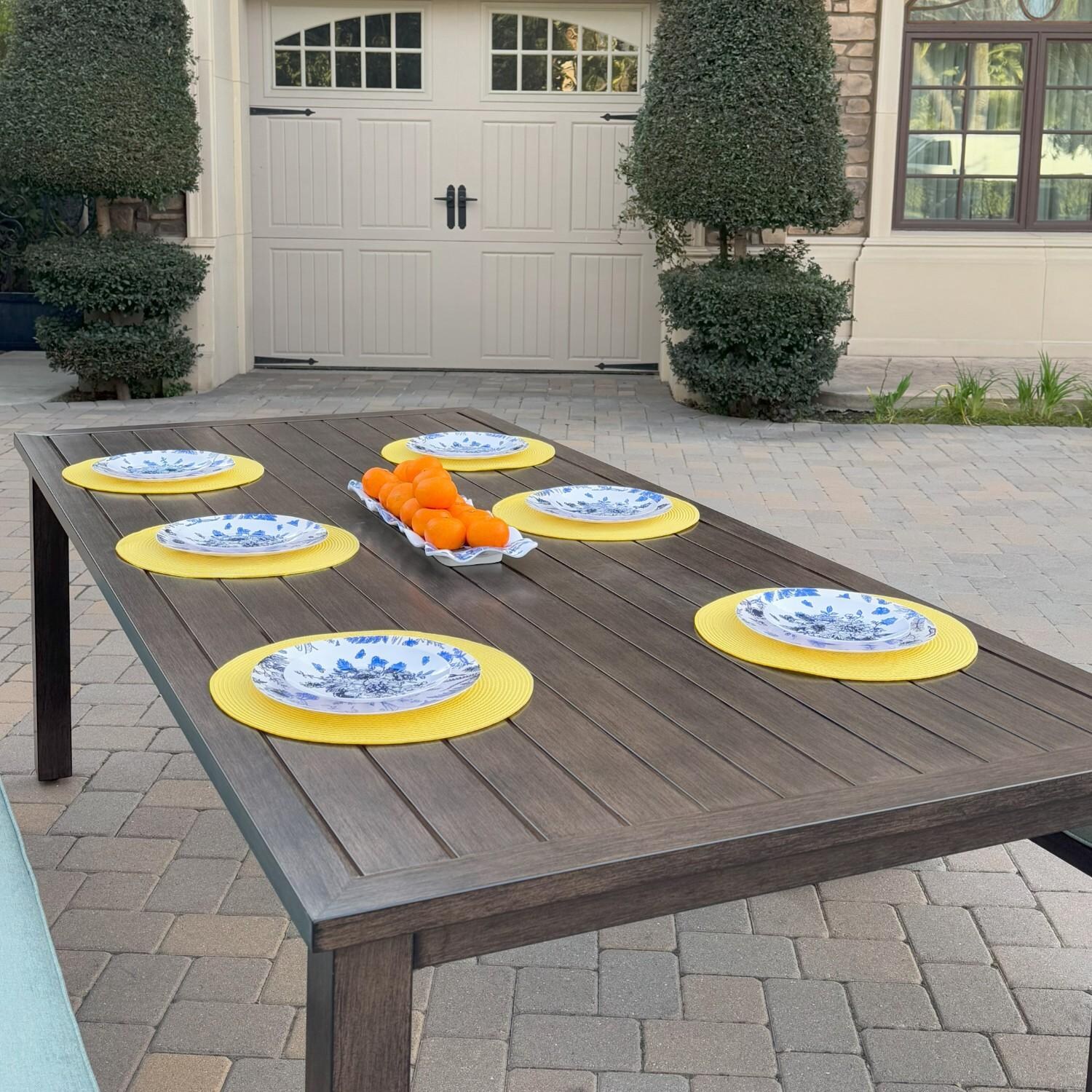 Atlantis 3 Pc Aluminum Dining Set w/ 2 Three Person Benches in Walnut/Spa by Darlee - Table Side - Lifestyle thumbnail